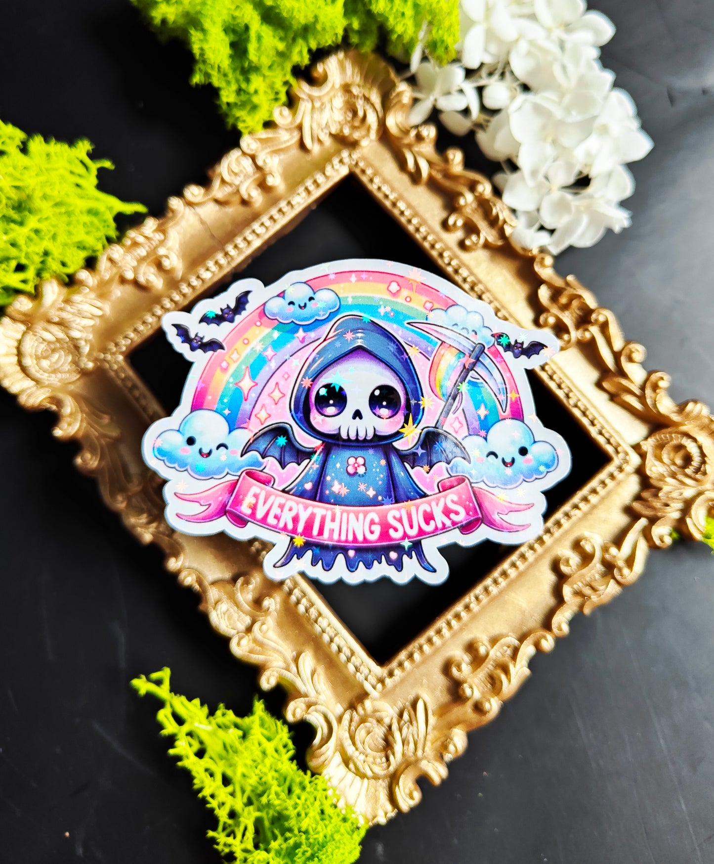 Holographic Stickers "Kawaii Reaper - Everything Sucks"