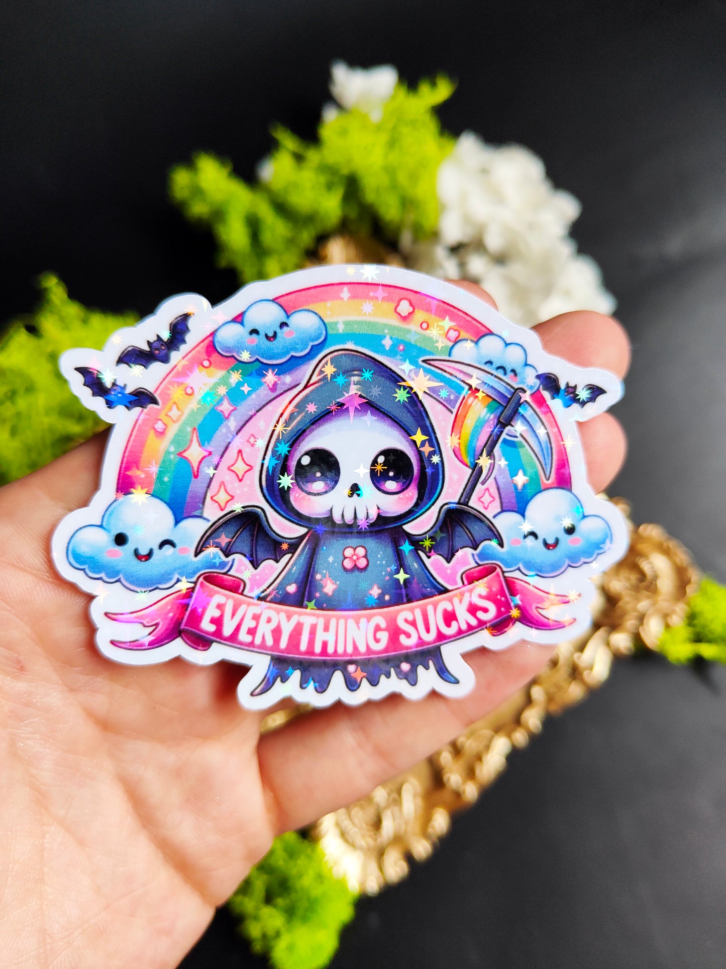 Holographic Stickers "Kawaii Reaper - Everything Sucks"