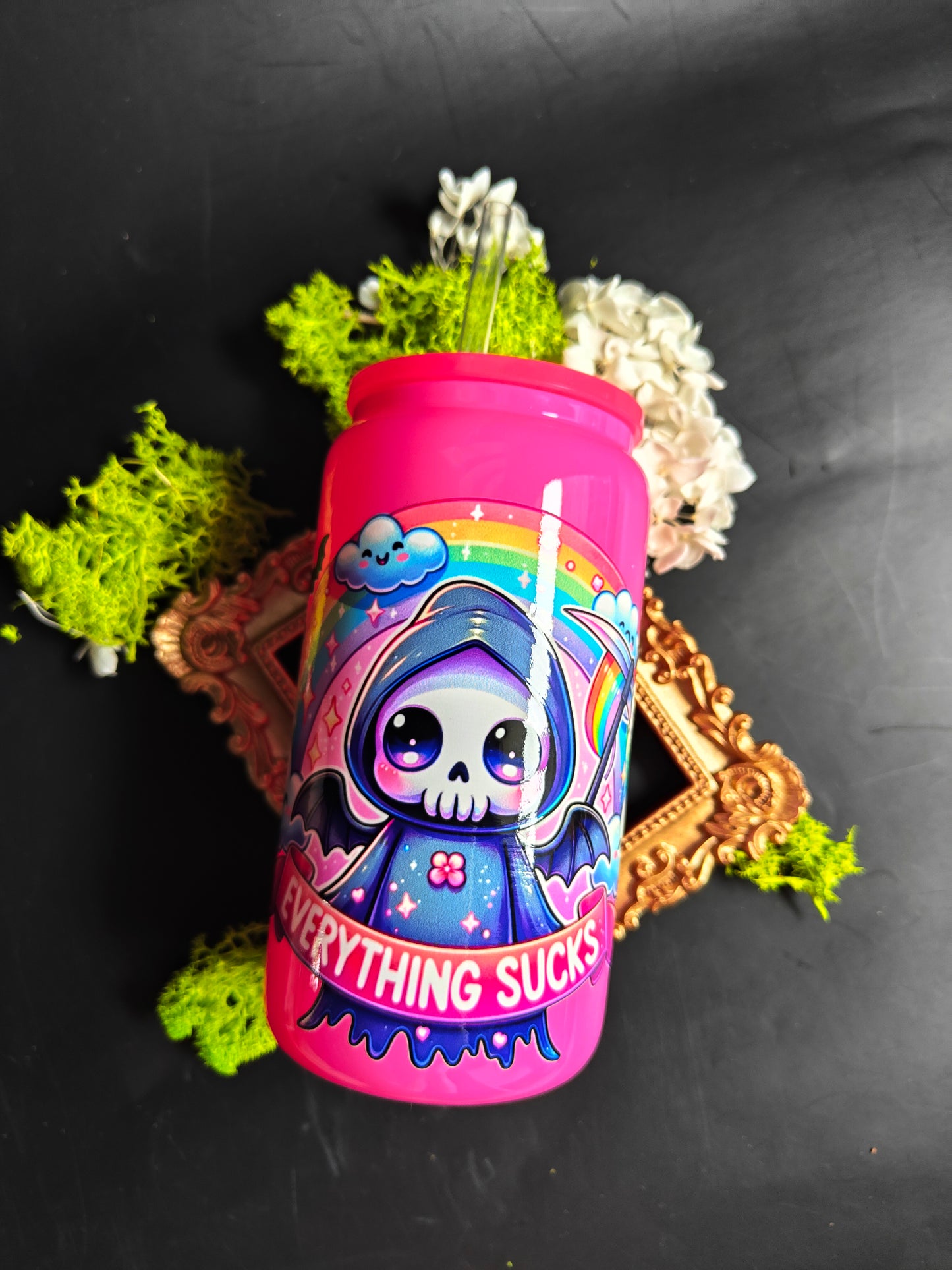 Glass Tumbler with Straw - Pink "Reaper - Everythings Sucks"