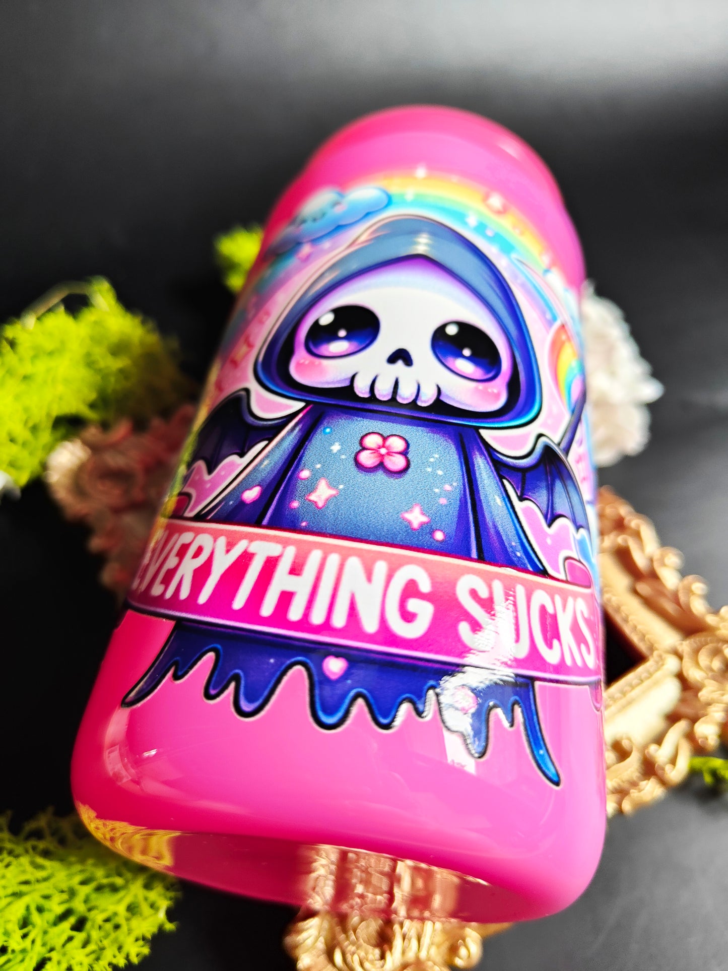 Glass Tumbler with Straw - Pink "Reaper - Everythings Sucks"