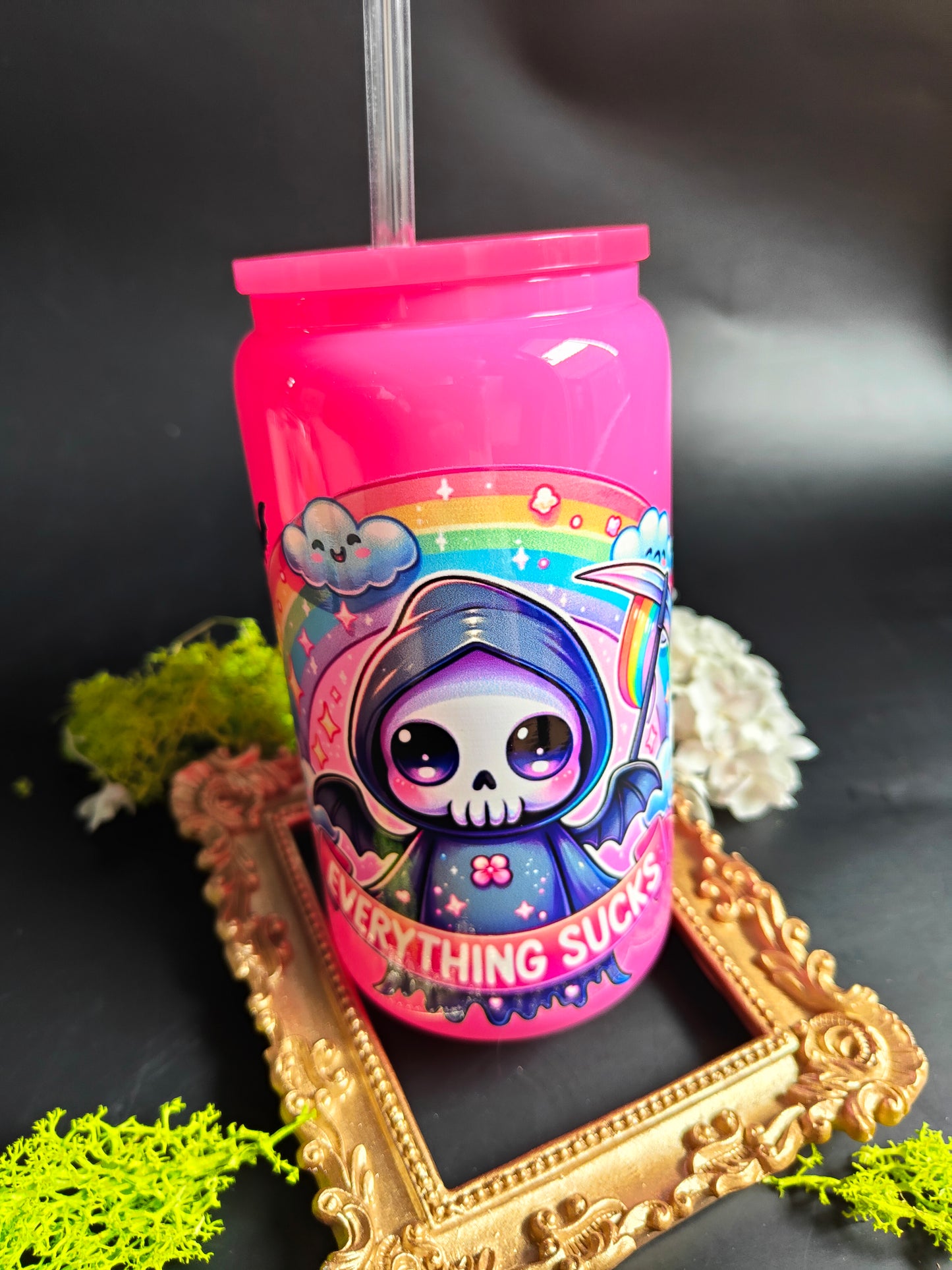 Glass Tumbler with Straw - Pink "Reaper - Everythings Sucks"