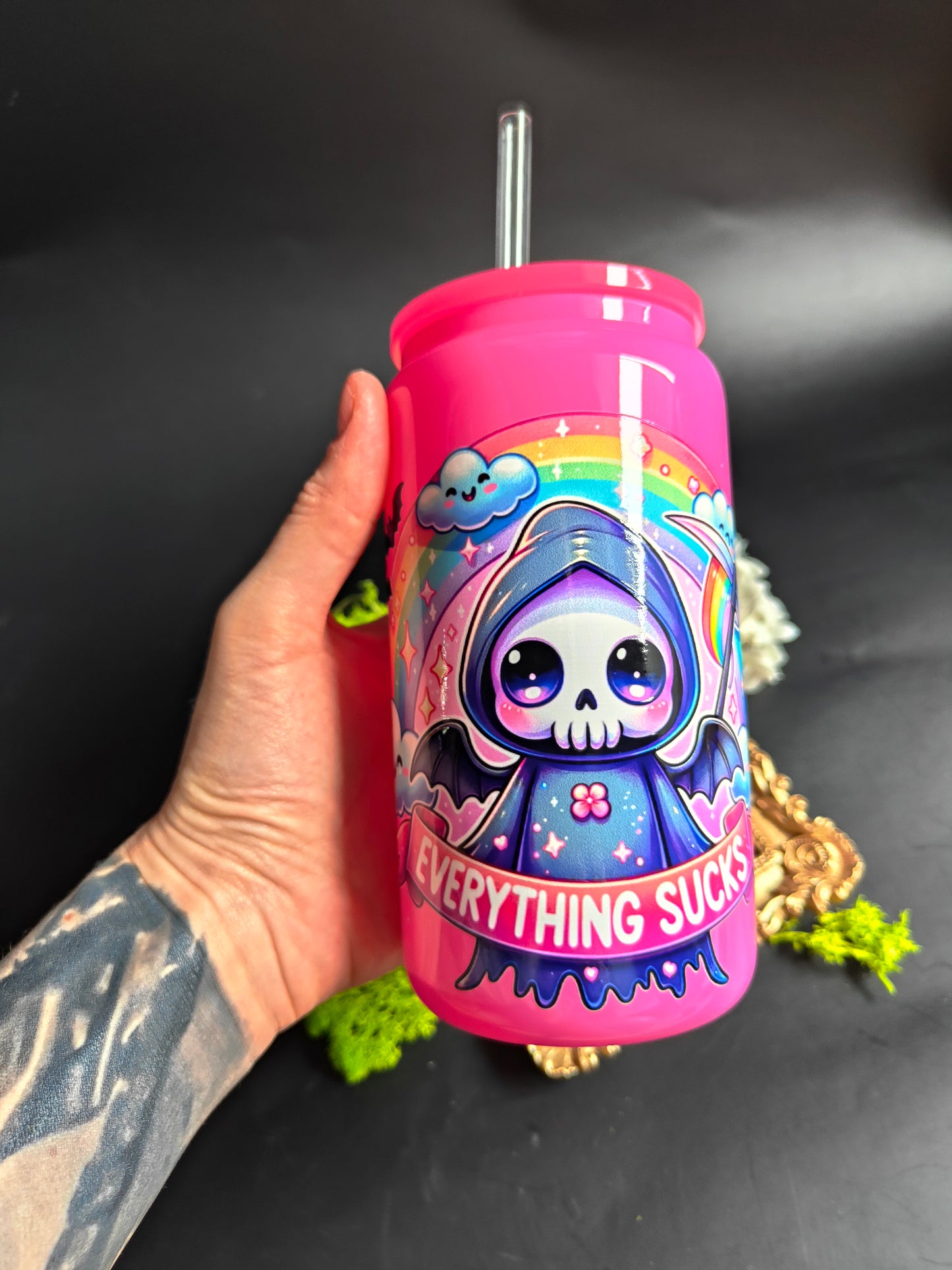 Glass Tumbler with Straw - Pink "Reaper - Everythings Sucks"