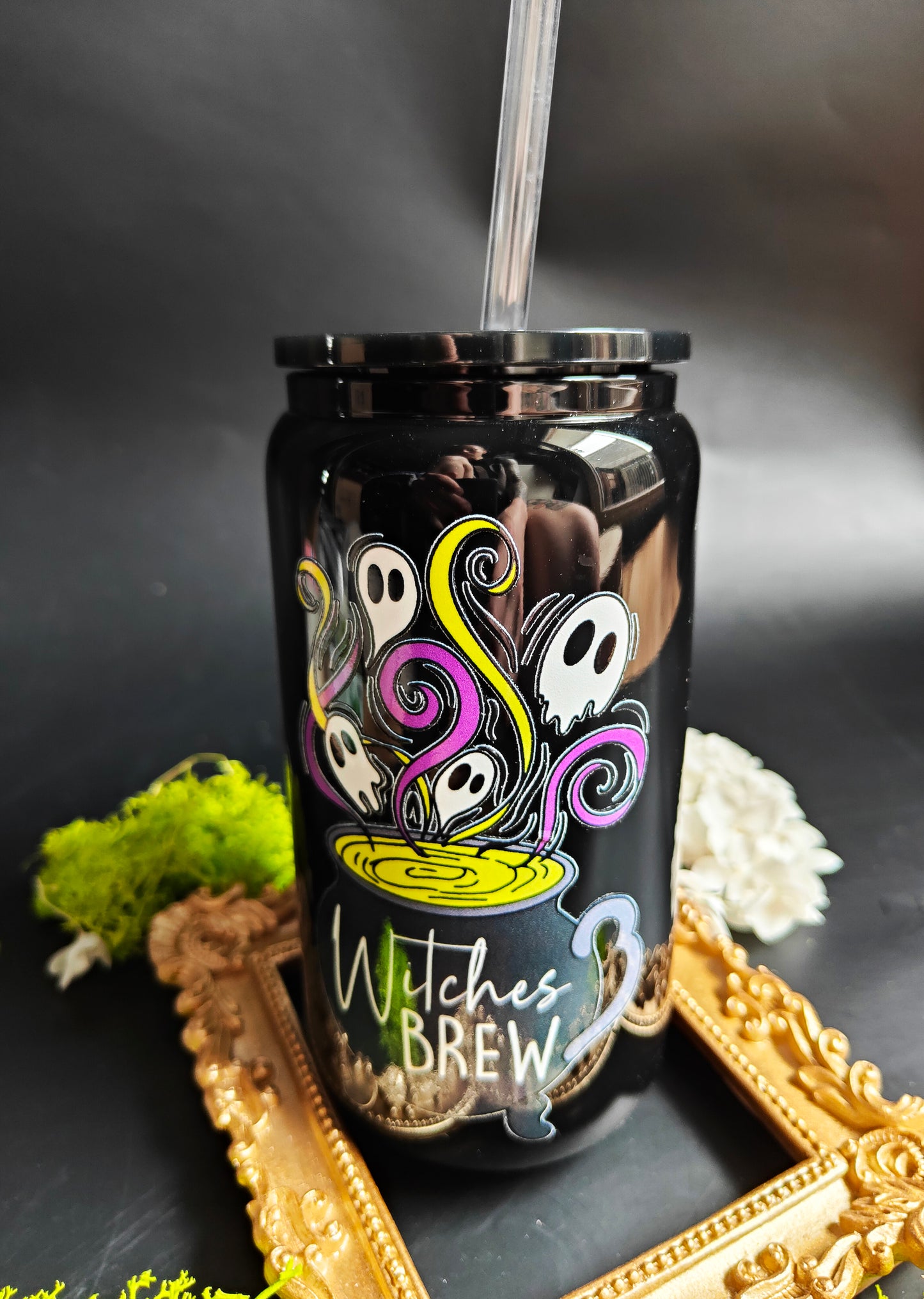 Glass Tumbler with Straw - Black "Ghosts - Witches Brew"