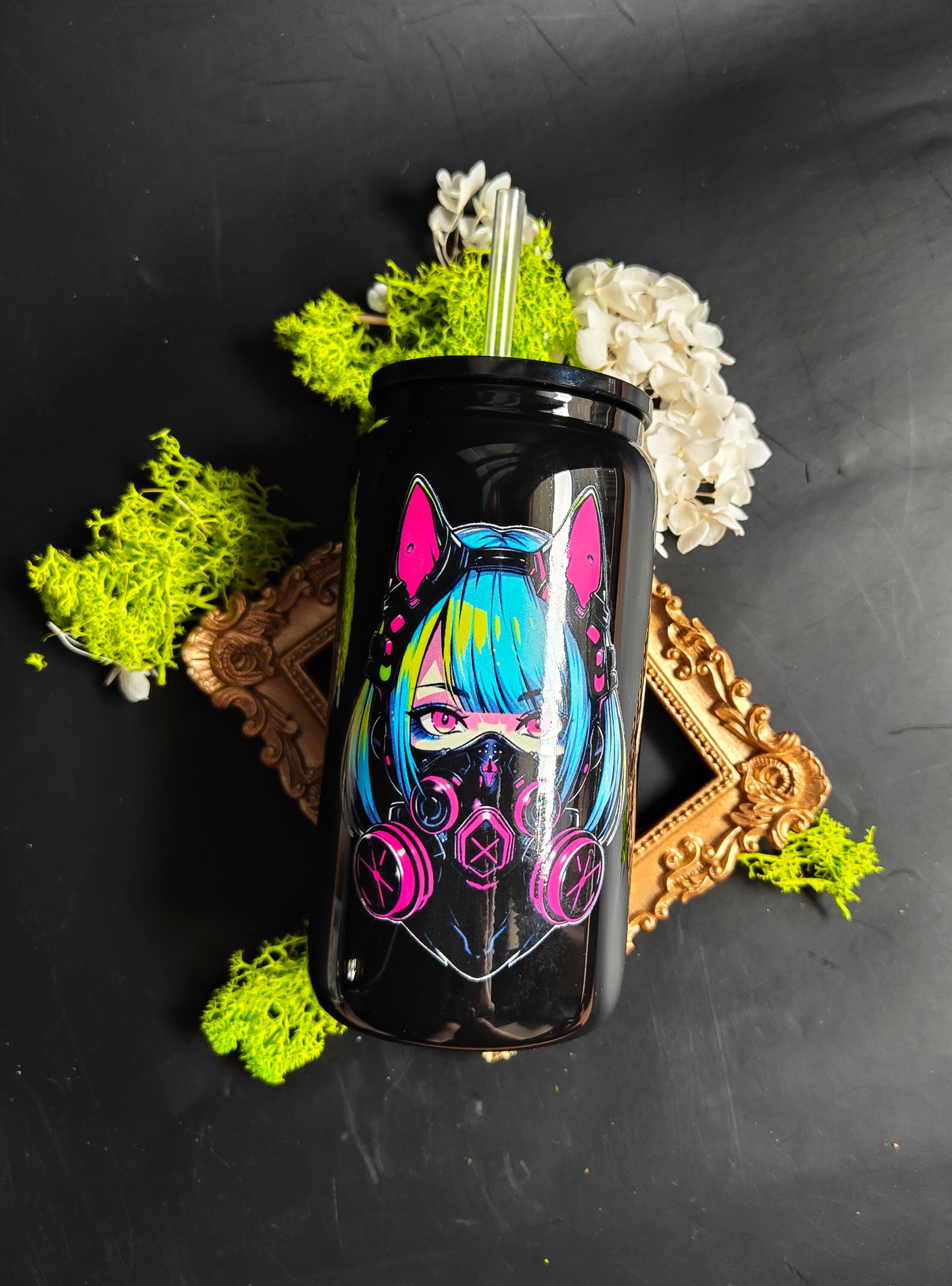 Glass Tumbler with Straw - Black "Girl - Gas Mask"