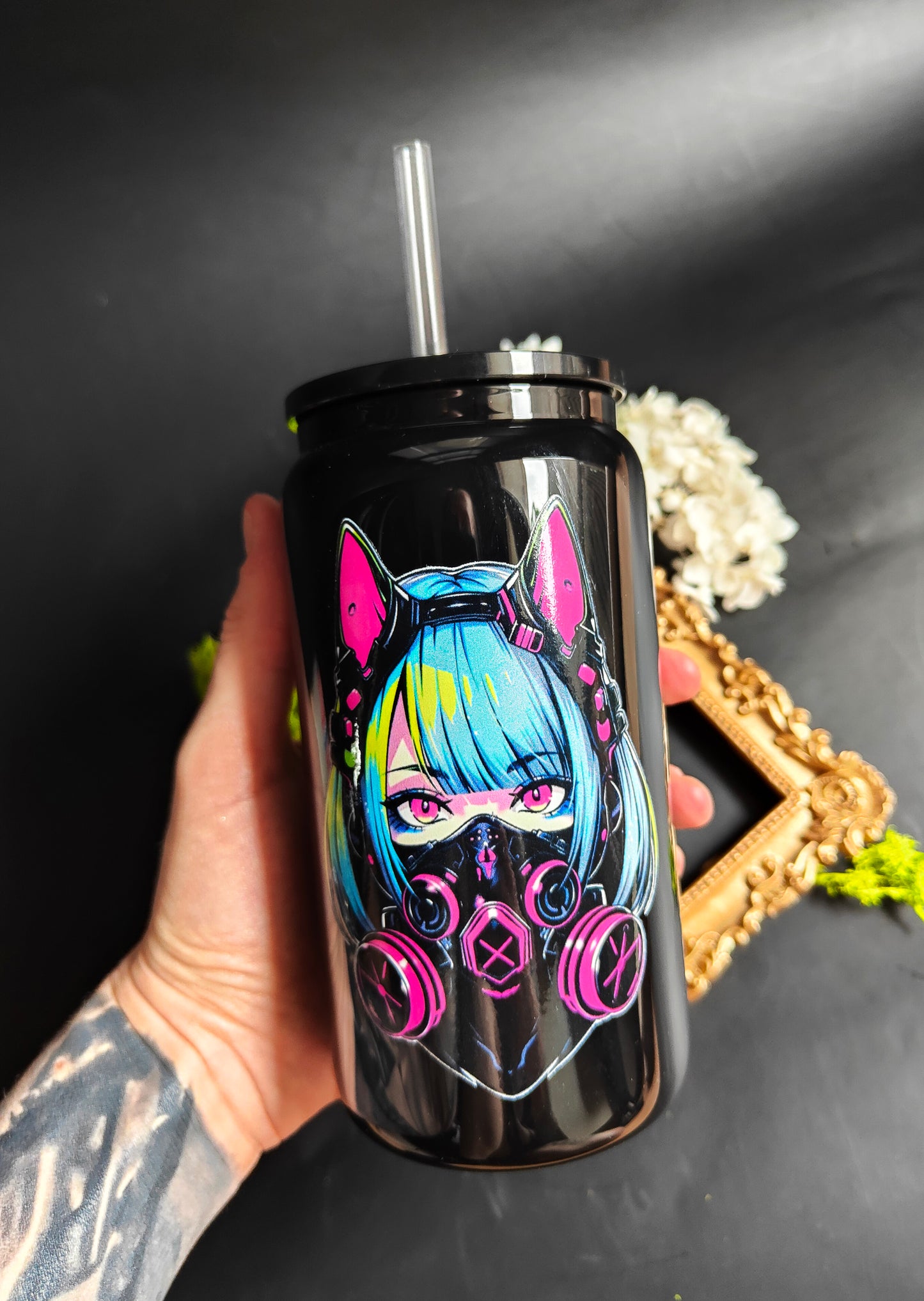 Glass Tumbler with Straw - Black "Girl - Gas Mask"