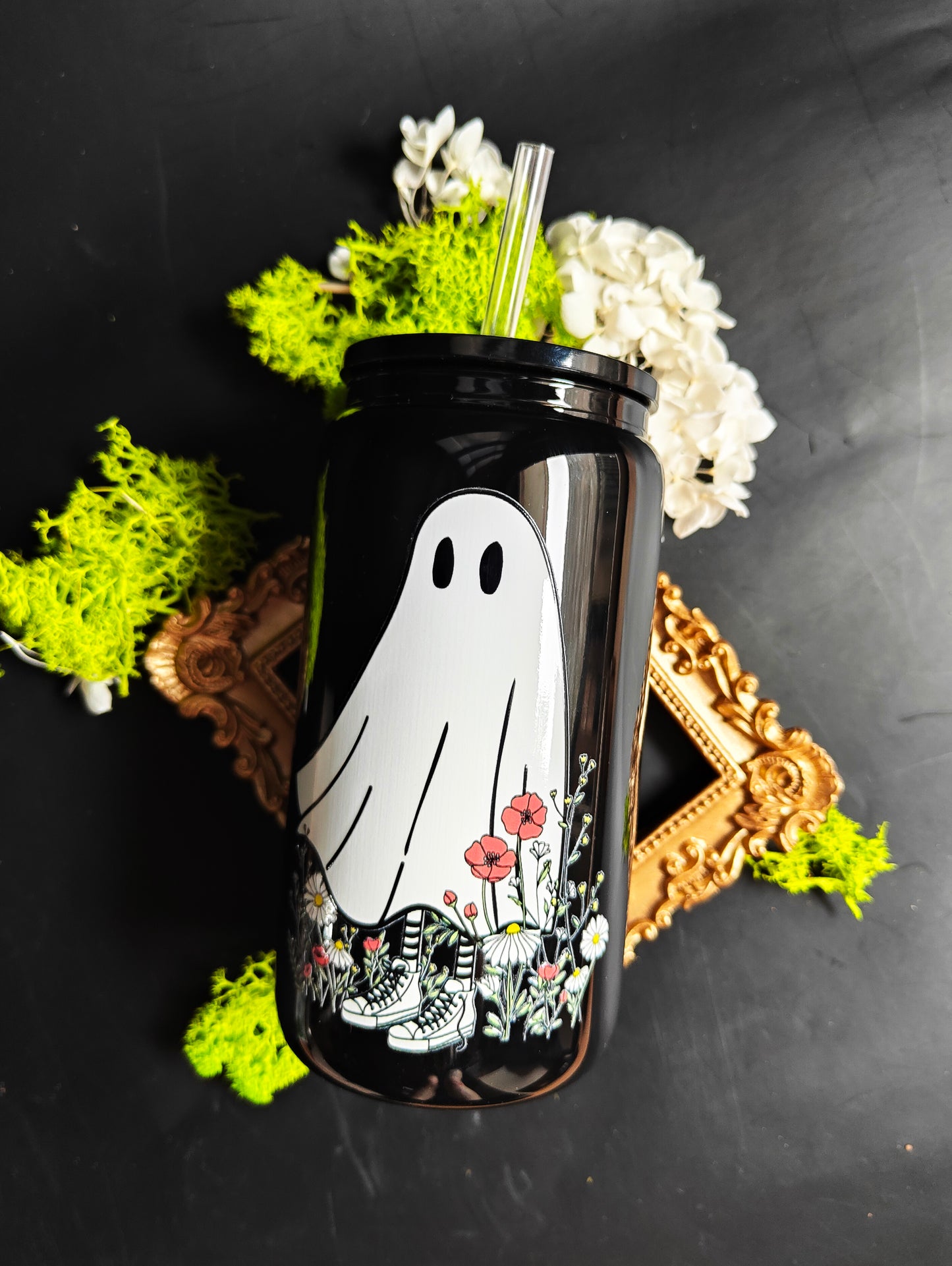 Glass Tumbler with Straw - Black "Ghost"