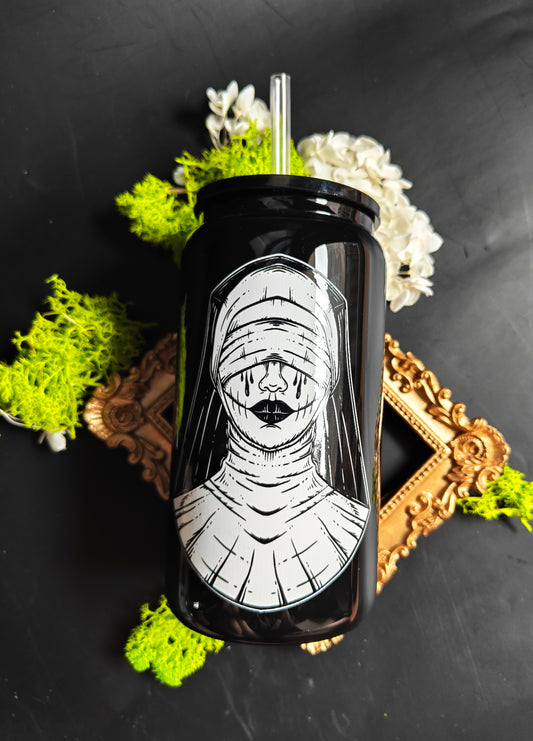 Glass Tumbler with Straw - Black "Nun"