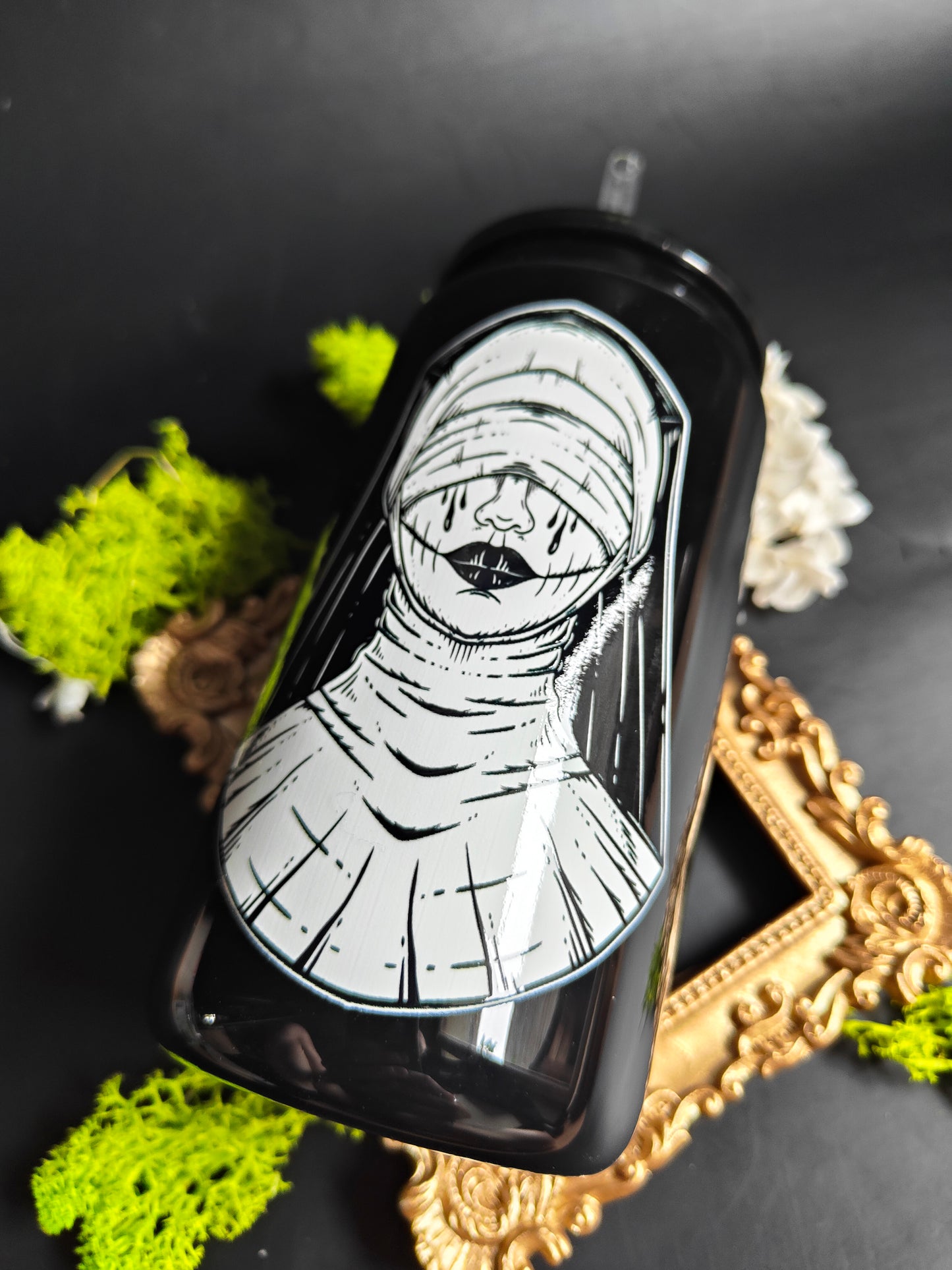 Glass Tumbler with Straw - Black "Nun"