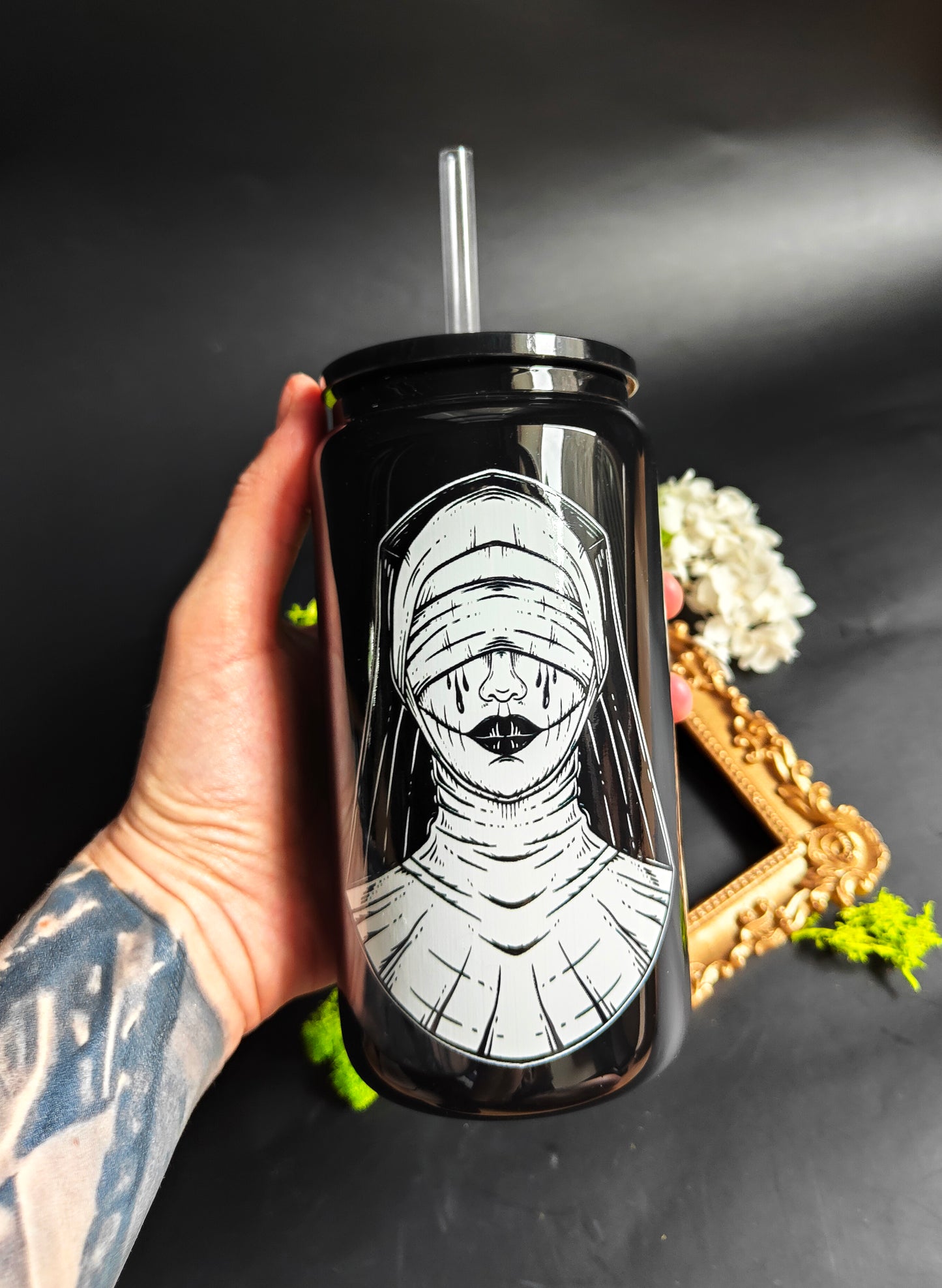 Glass Tumbler with Straw - Black "Nun"