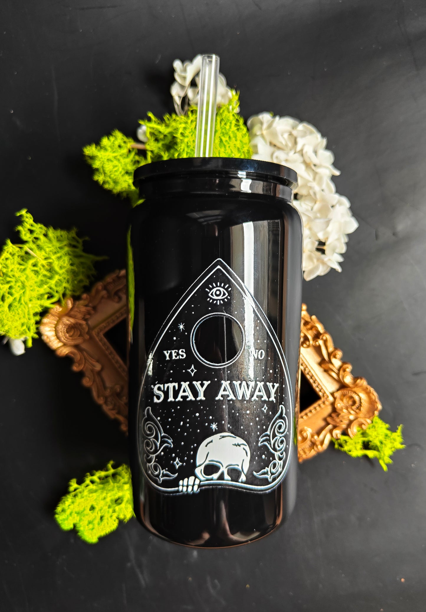 Glass Tumbler with Straw - Black "Ouija - Stay Away"