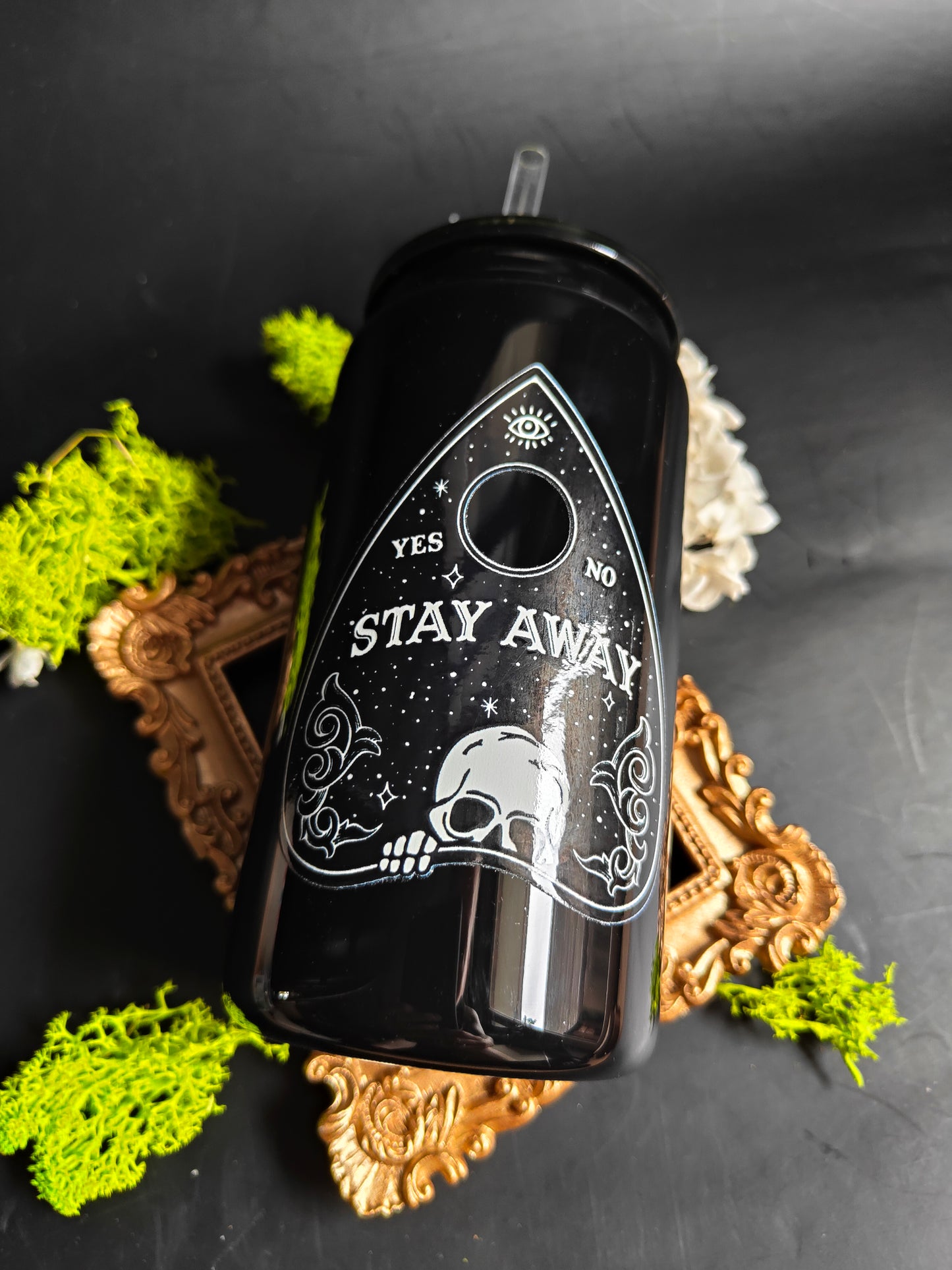 Glass Tumbler with Straw - Black "Ouija - Stay Away"