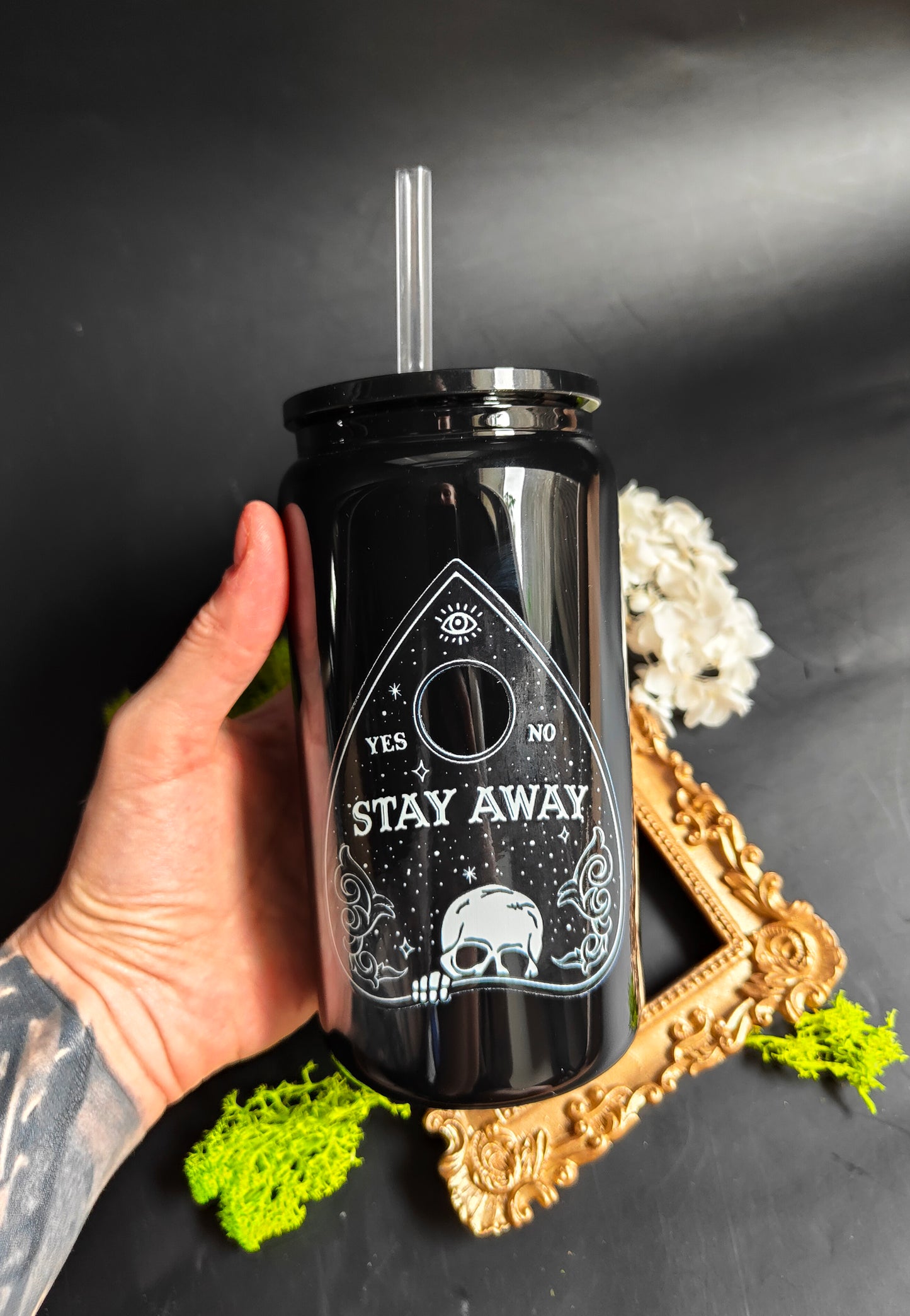 Glass Tumbler with Straw - Black "Ouija - Stay Away"