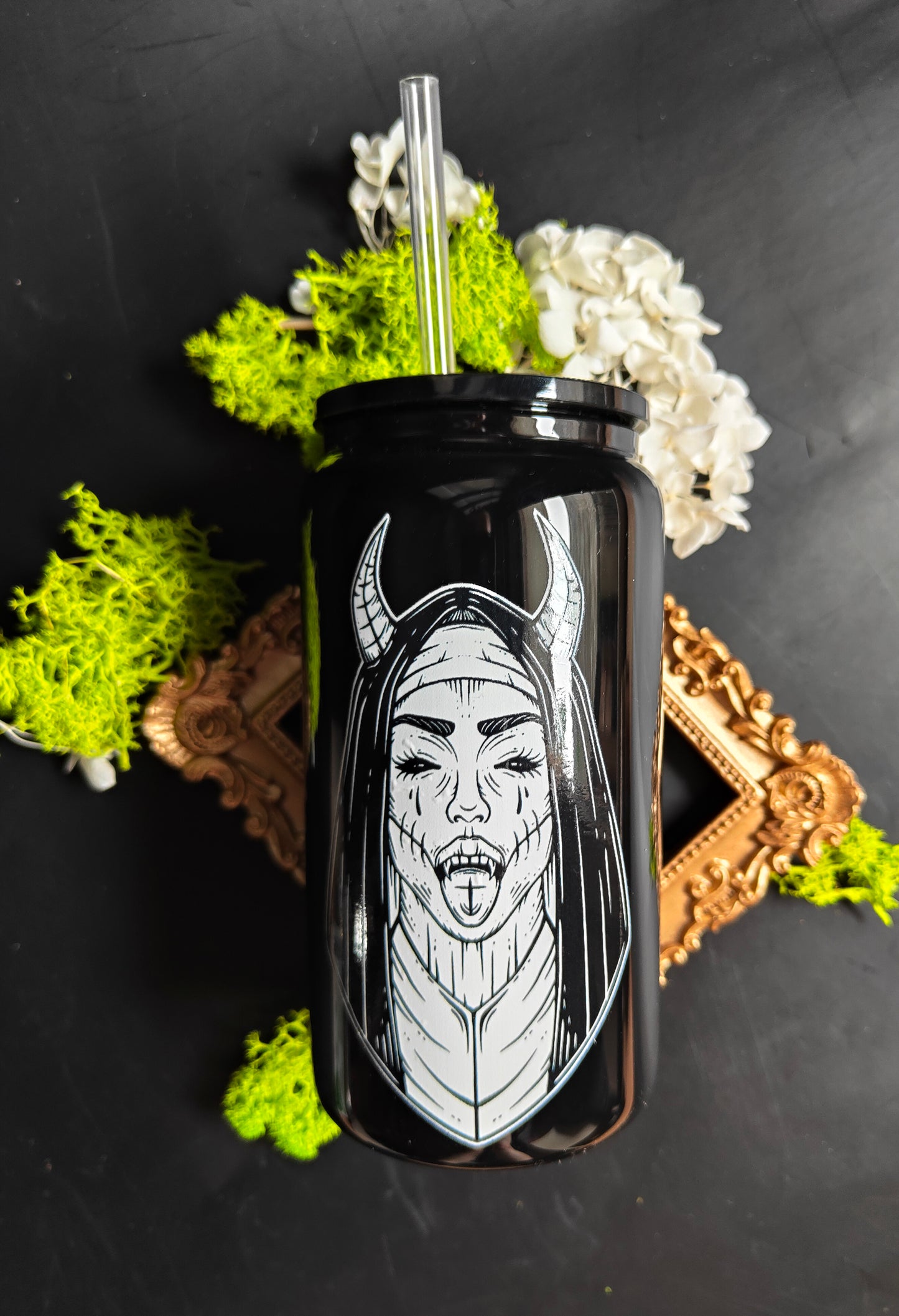 Glass Tumbler with Straw - Black "Nun"