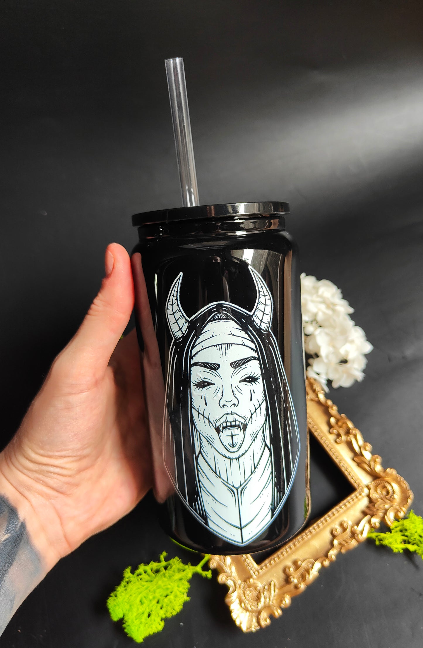 Glass Tumbler with Straw - Black "Nun"