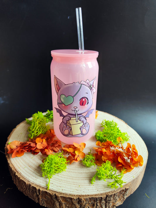 Plastic Cup with Straw - Pink "Cat Bat"