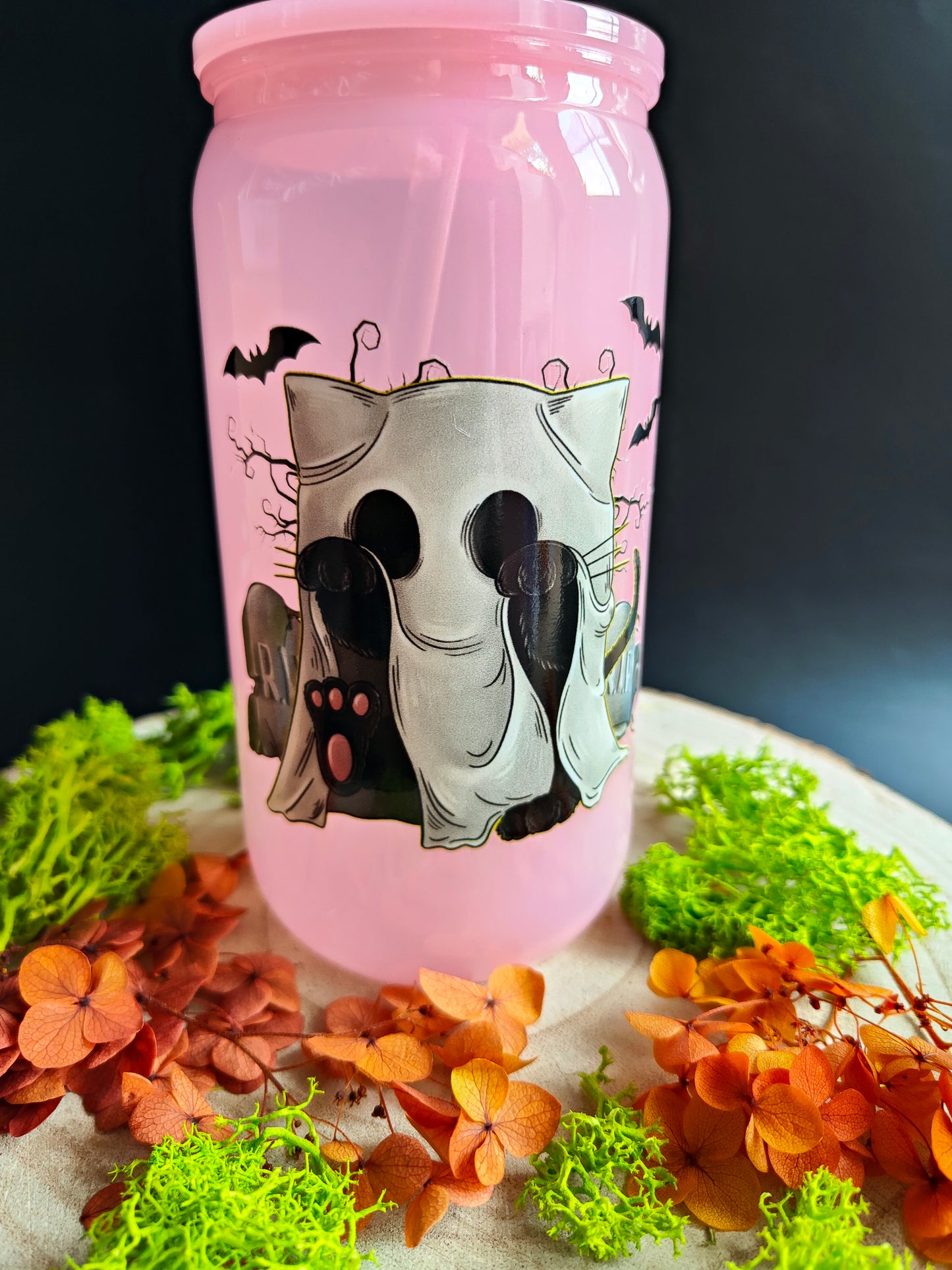 Plastic Cup with Straw - Pink "Ghost Cat"