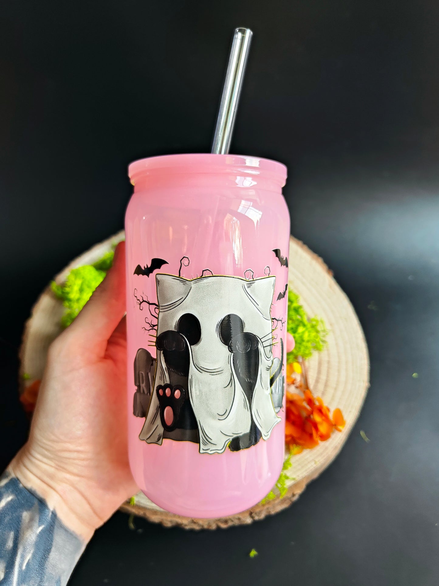 Plastic Cup with Straw - Pink "Ghost Cat"