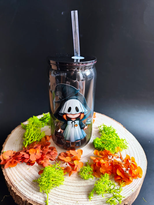 Plastic Cup with Straw - Translucent Black "Halloween Gnome"