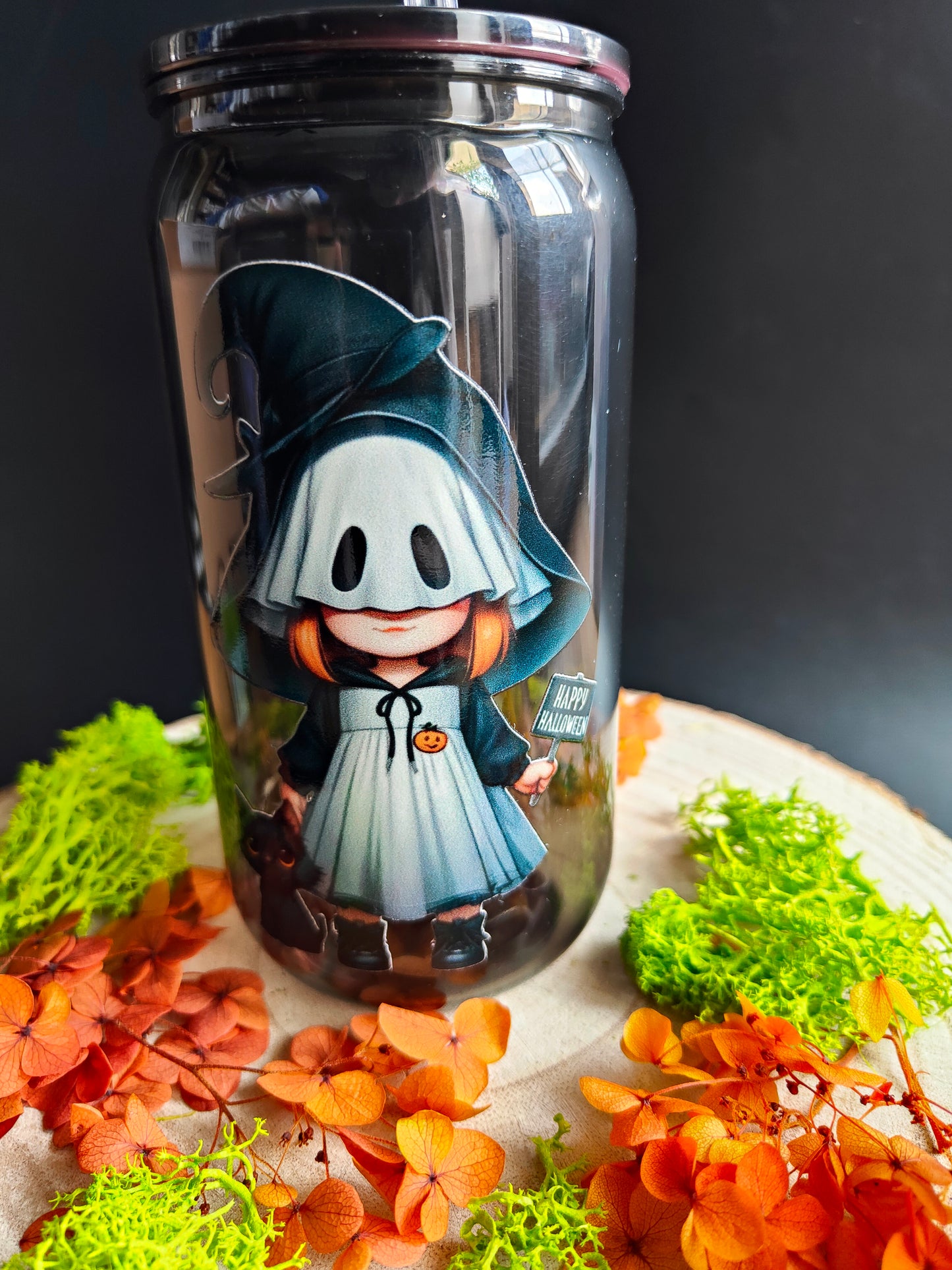 Gobelet en Plastique avec Paille - Noir Translucide "Gnome Halloween"