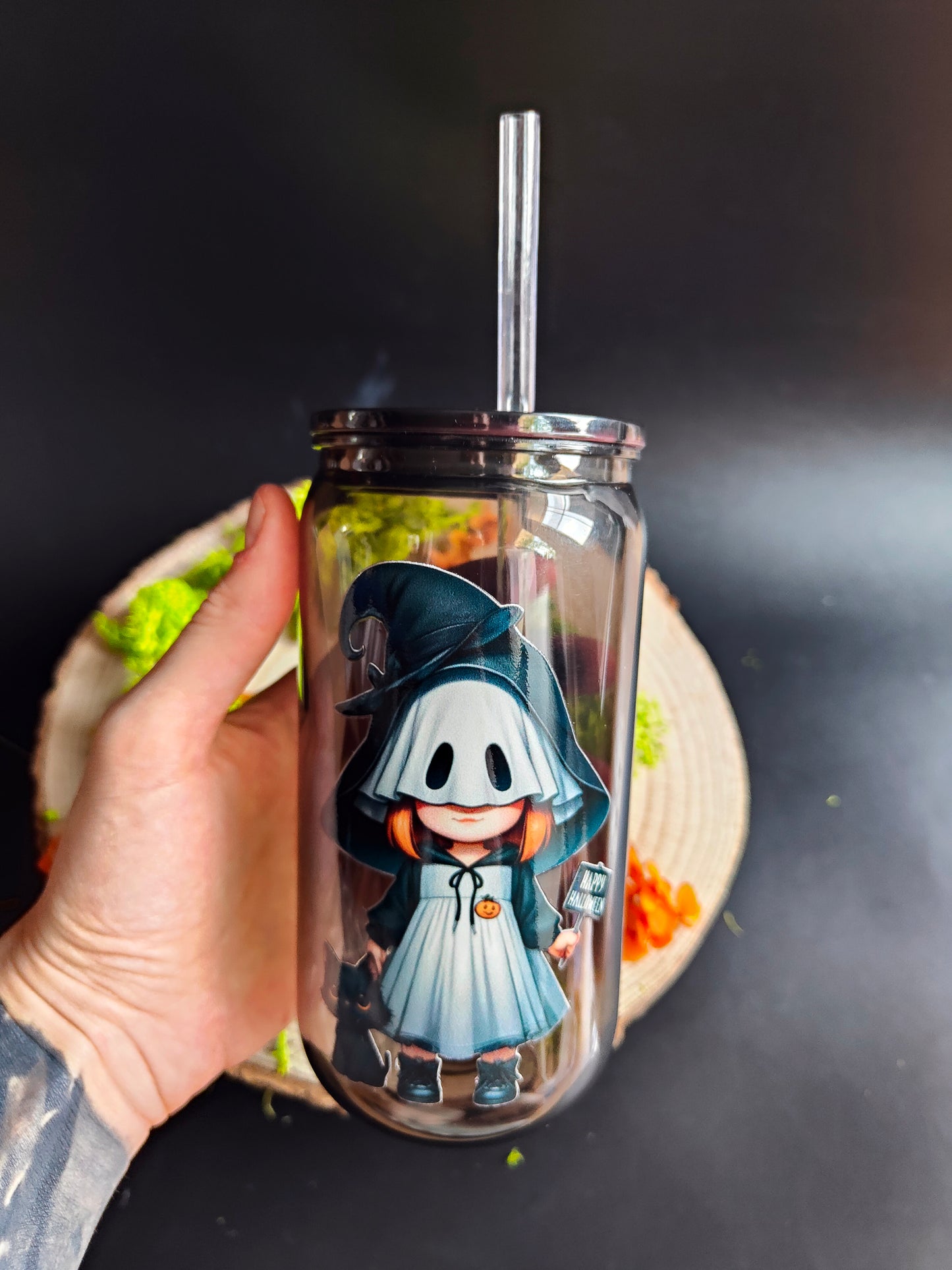 Plastic Cup with Straw - Translucent Black "Halloween Gnome"