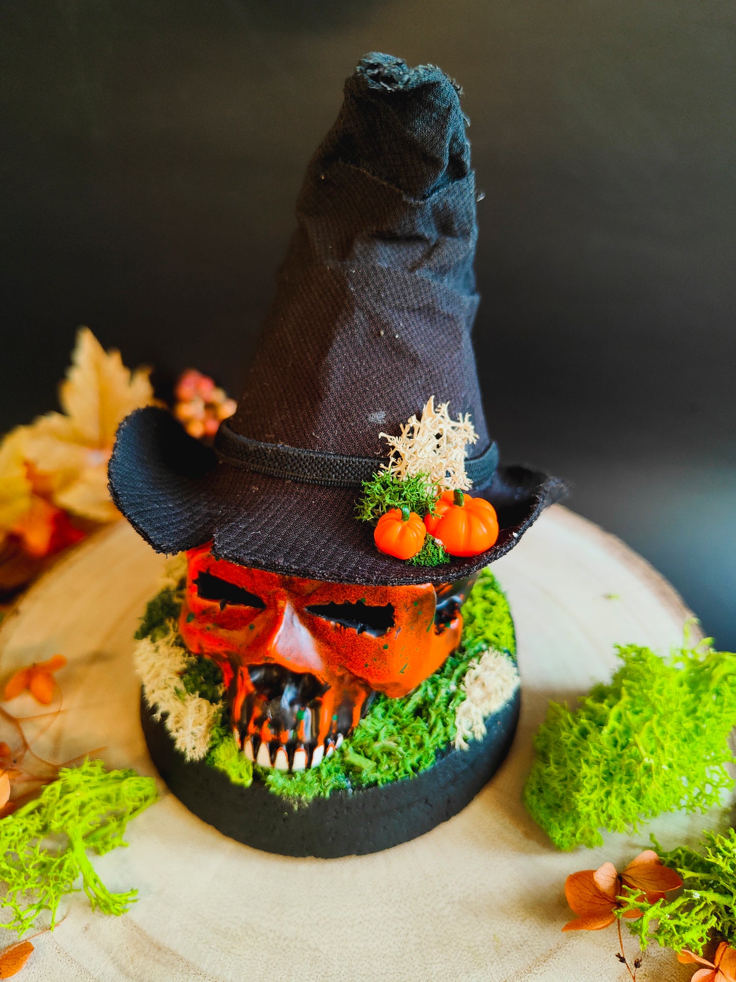 Pumpkin Skull Glass Globe with Witch Hat