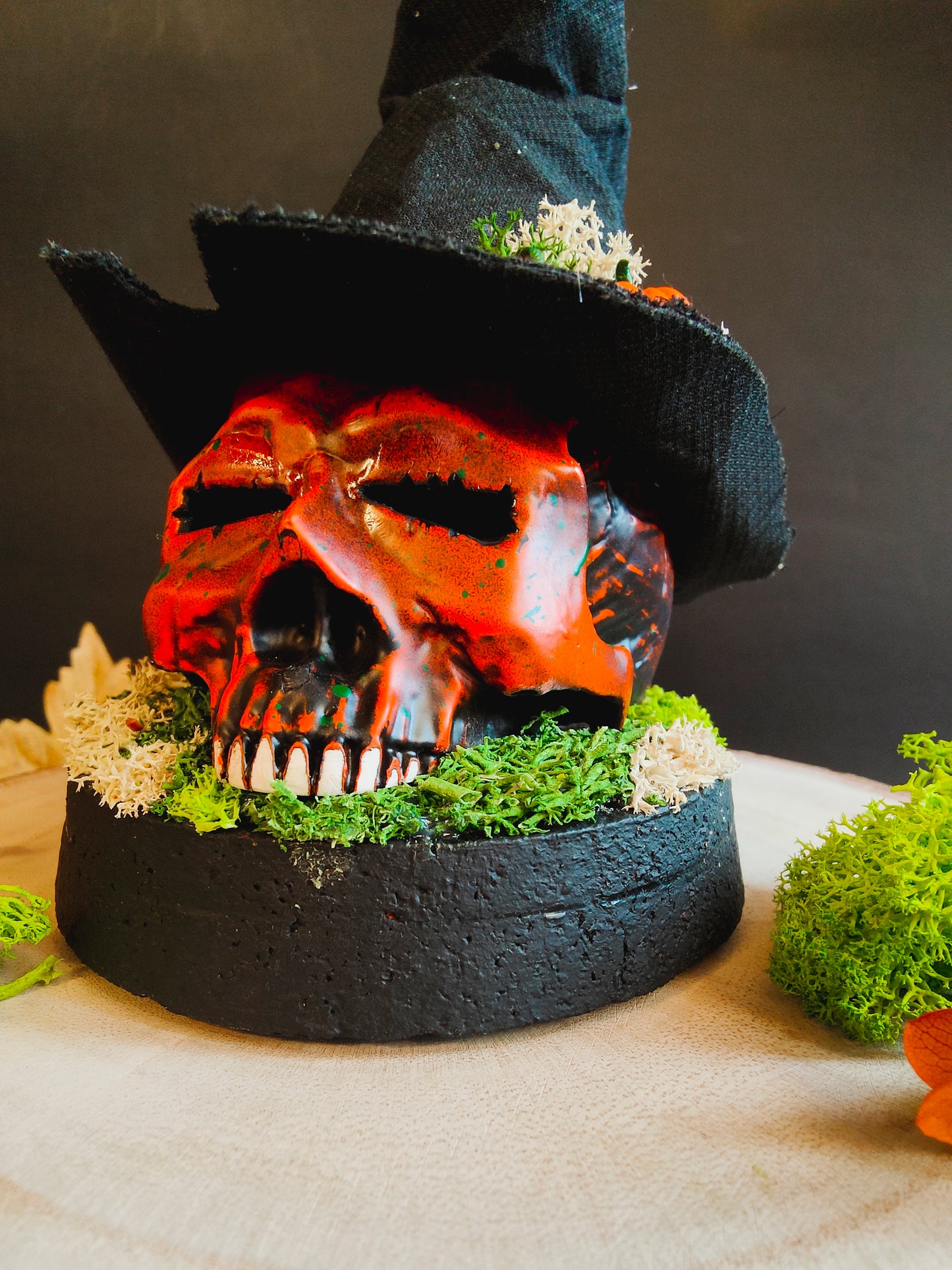 Pumpkin Skull Glass Globe with Witch Hat