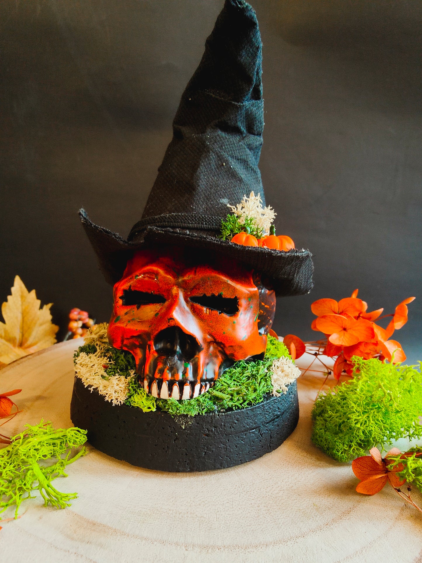 Pumpkin Skull Glass Globe with Witch Hat