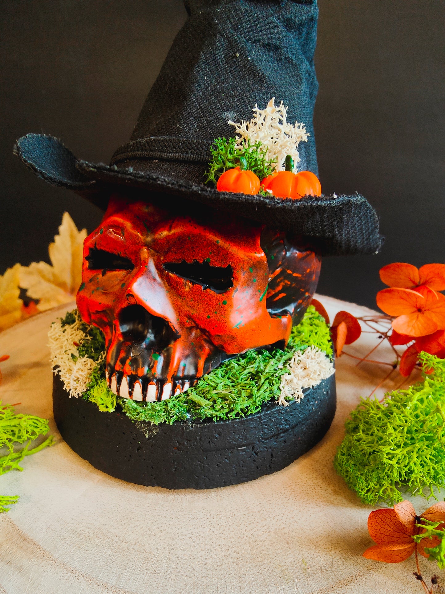 Pumpkin Skull Glass Globe with Witch Hat