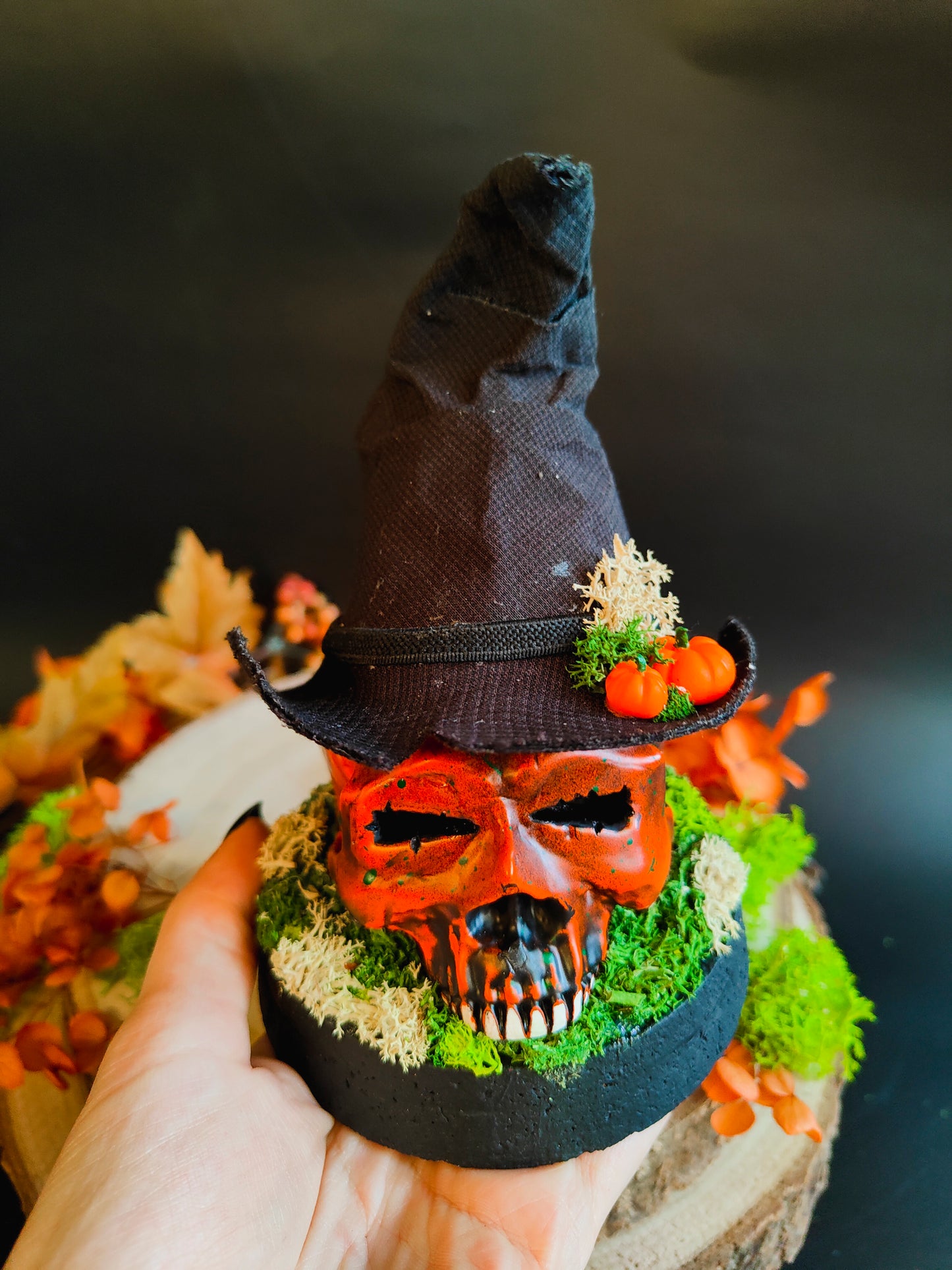 Pumpkin Skull Glass Globe with Witch Hat