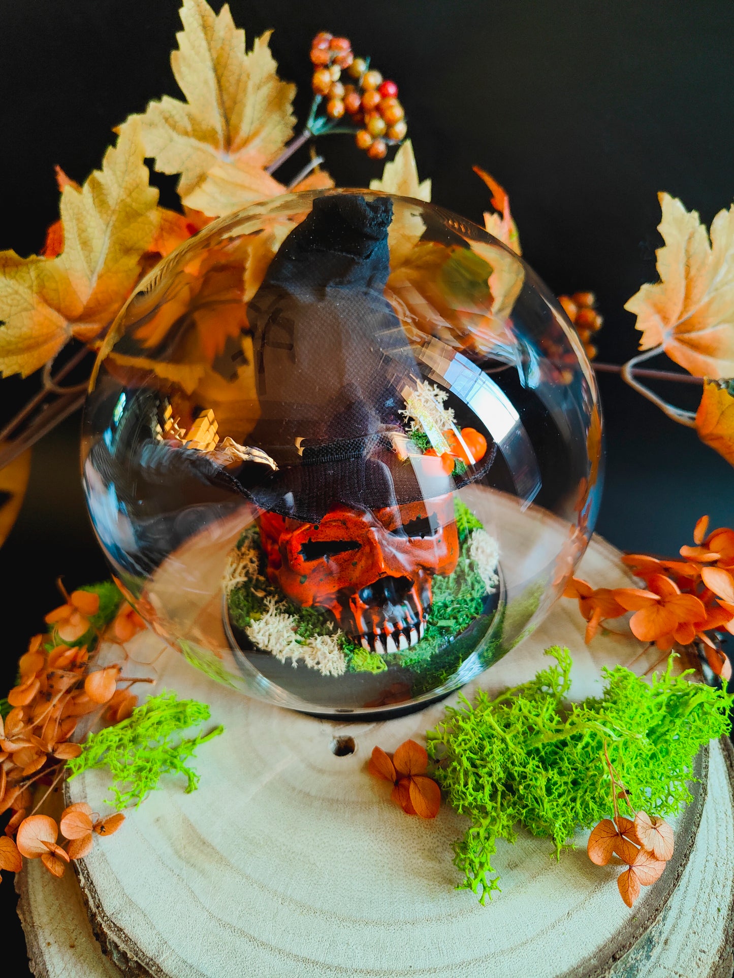 Pumpkin Skull Glass Globe with Witch Hat