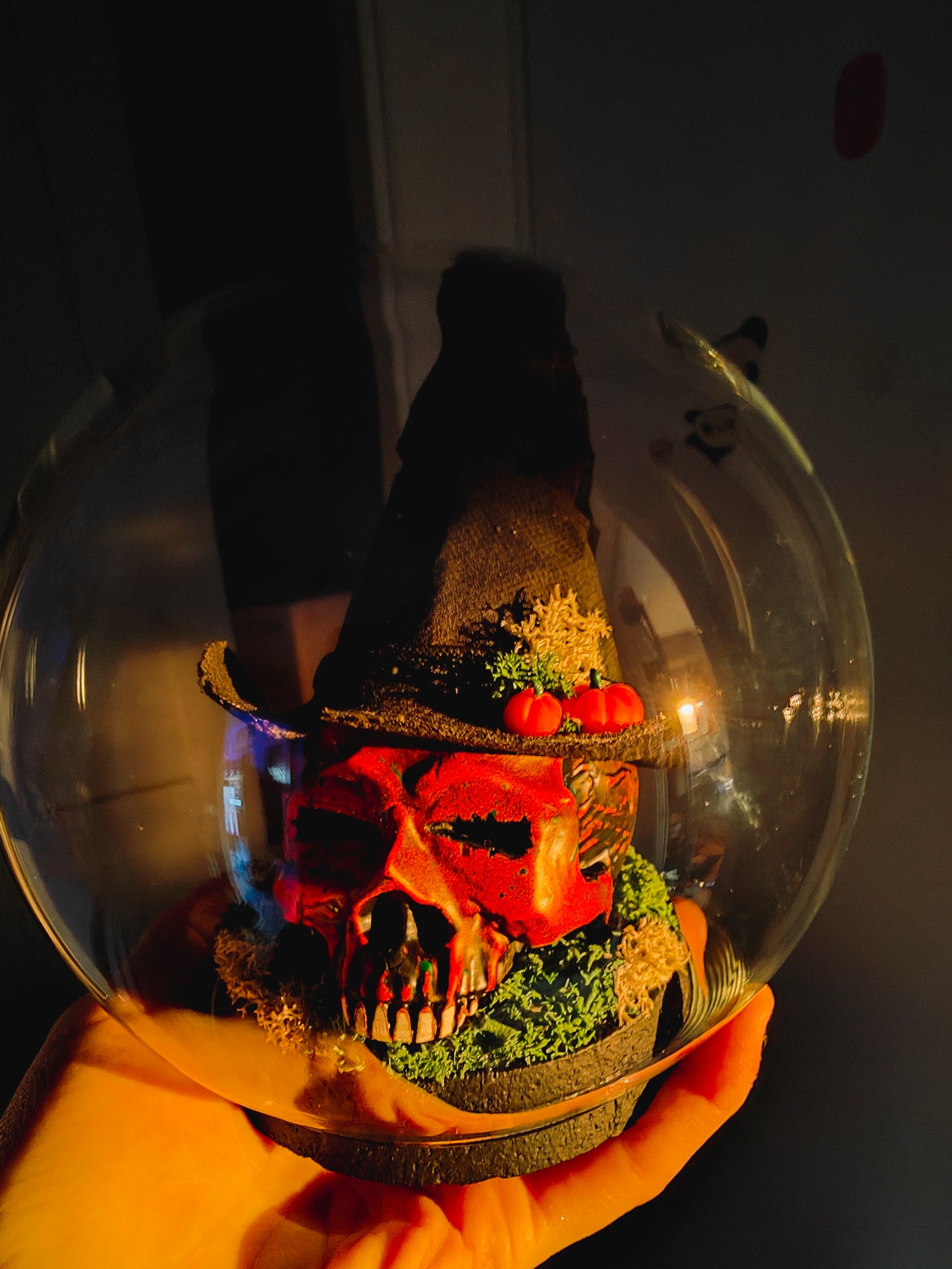 Pumpkin Skull Glass Globe with Witch Hat