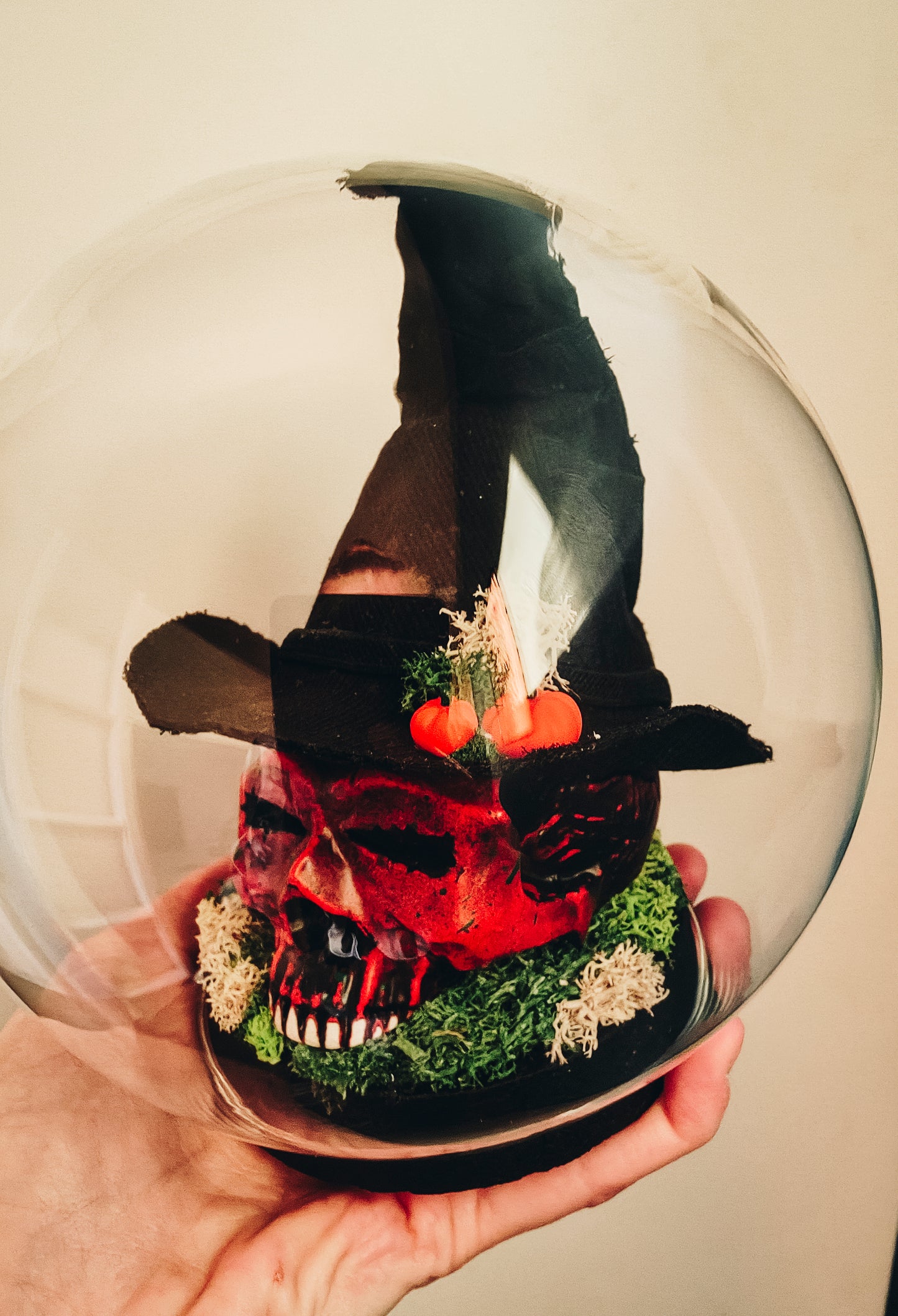 Pumpkin Skull Glass Globe with Witch Hat