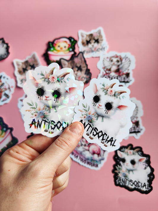 Stickers Autocollant "Antisocial" Dark Kawaii/Humour Noir - Brillant ou Holographique