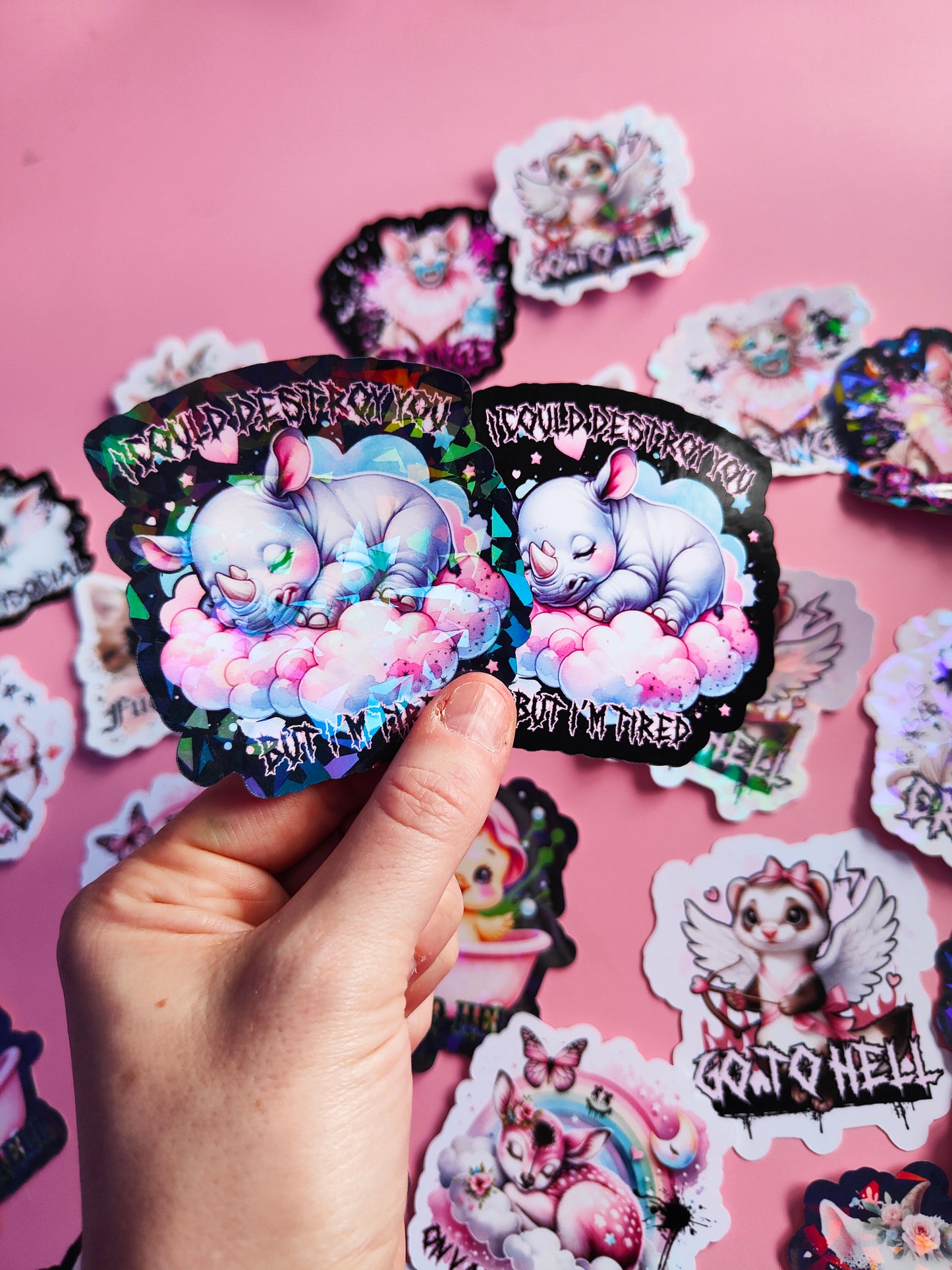 Stickers "I Could Destroy you, but I'm tired" Dark Kawaii/Dark Humor - Glossy or Holographic