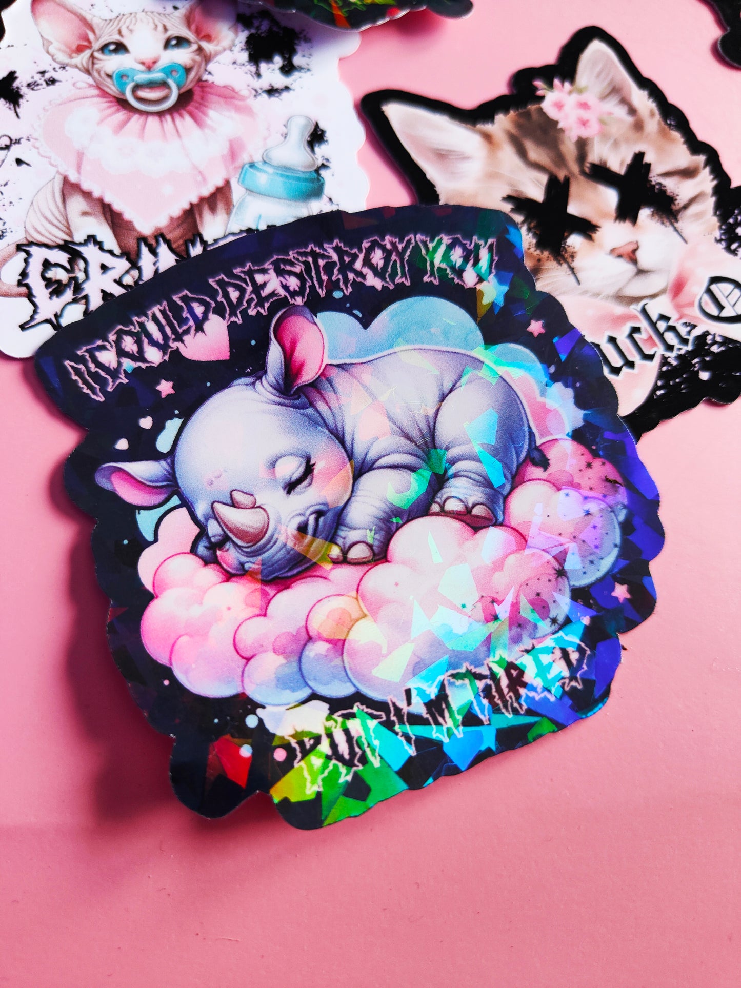 Stickers "I Could Destroy you, but I'm tired" Dark Kawaii/Dark Humor - Glossy or Holographic