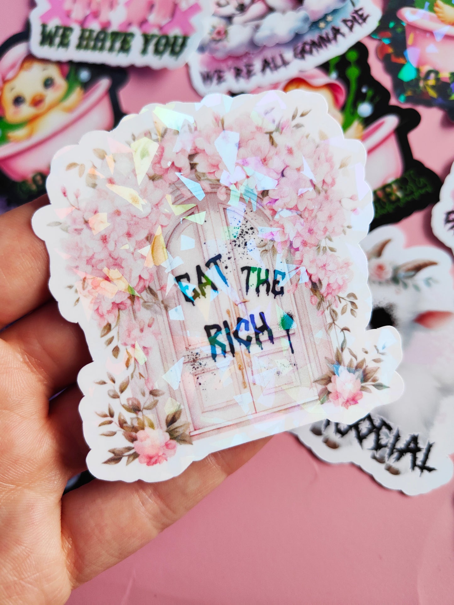 "Eat the Rich" Tag/Floral Sticker - Glossy or Holographic