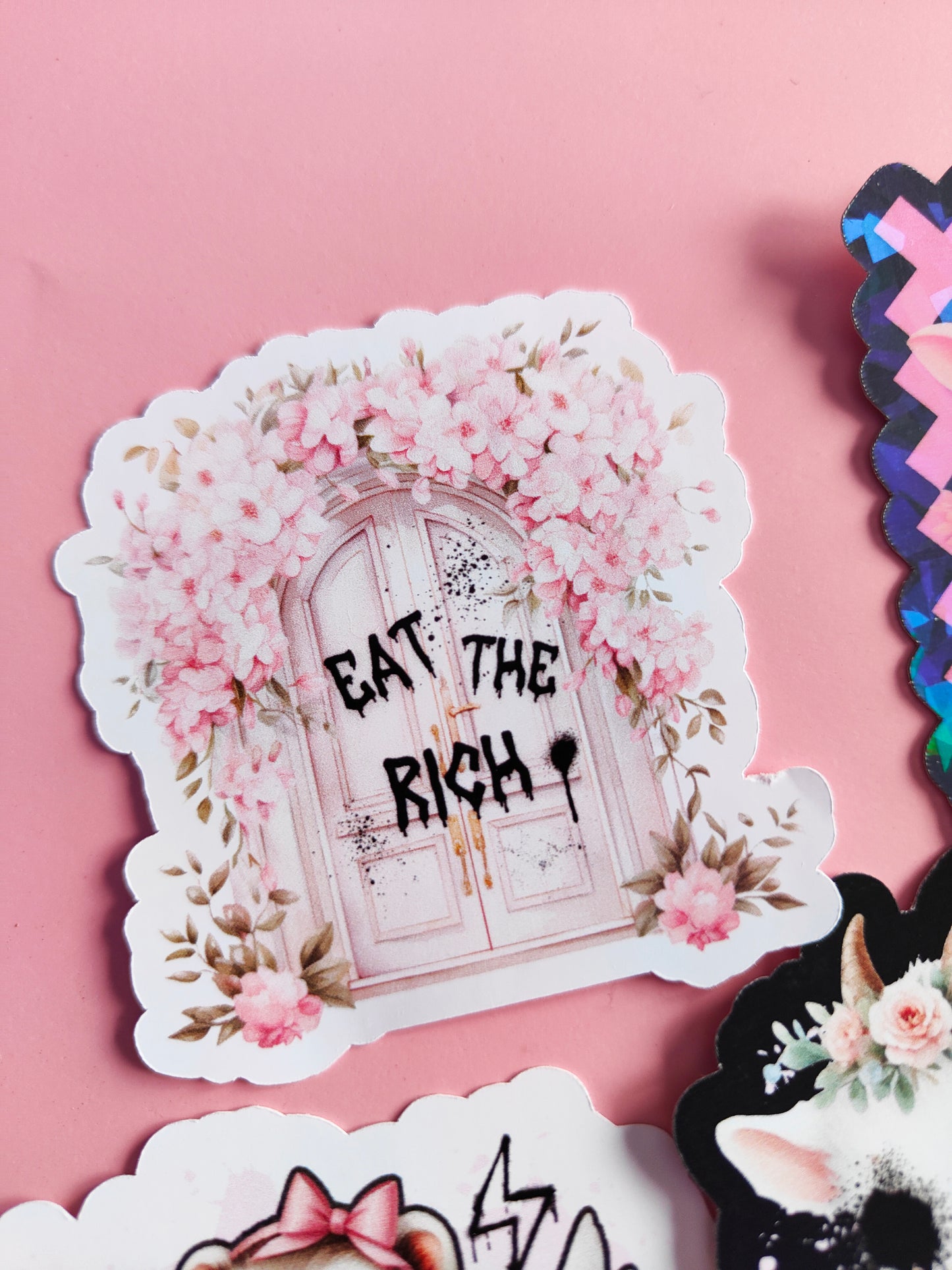 "Eat the Rich" Tag/Floral Sticker - Glossy or Holographic