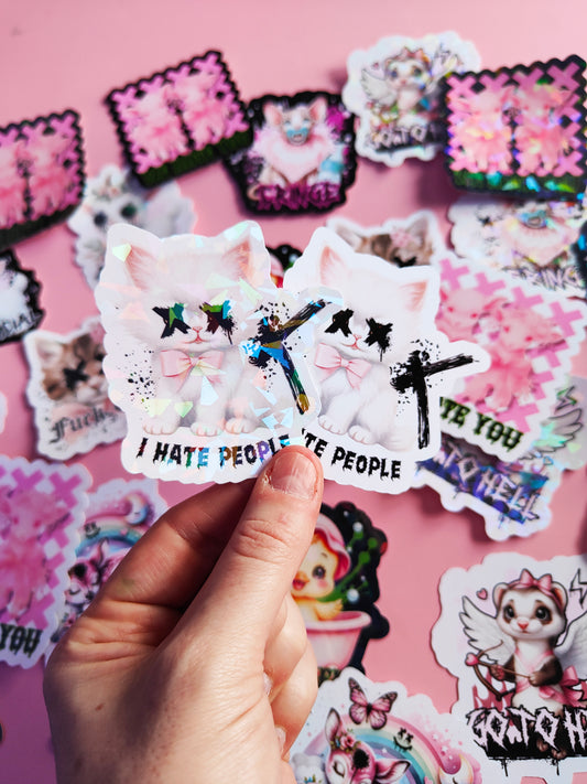 Stickers Autocollant "I Hate People" Dark Kawaii/Humour Noir - Brillant ou Holographique