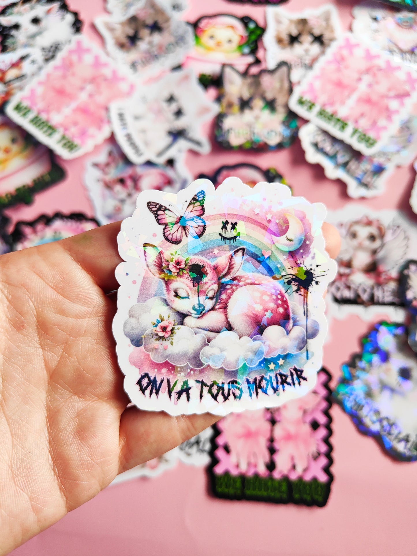 Stickers "We're All Going to Die" Dark Kawaii/Dark Humor - Glossy or Holographic