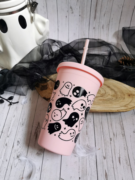 Pink Cup with Straw "Cute Ghosts"