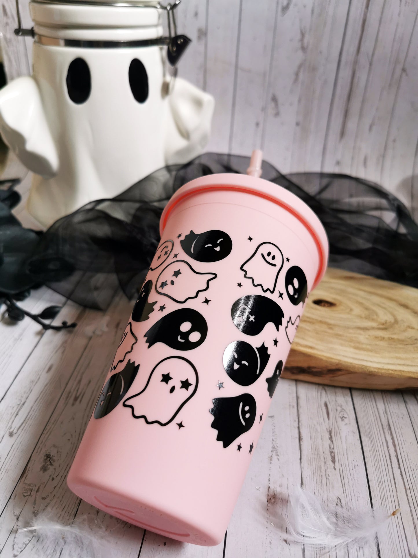 Pink Cup with Straw "Cute Ghosts"