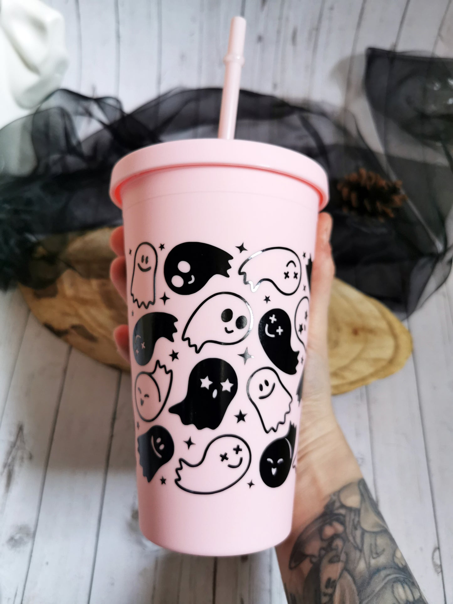 Pink Cup with Straw "Cute Ghosts"