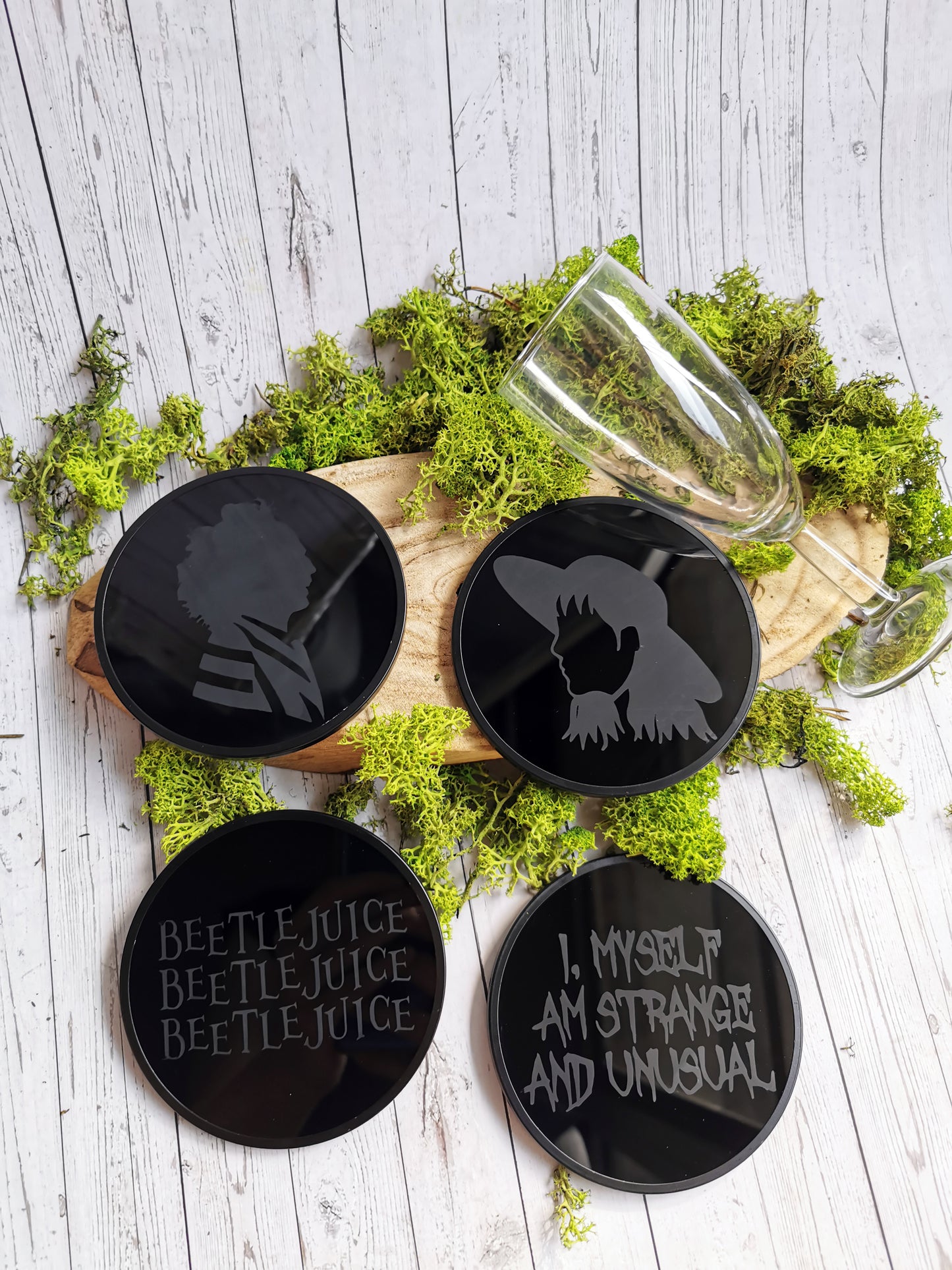 4 Black glass coasters “Beetle Juice”