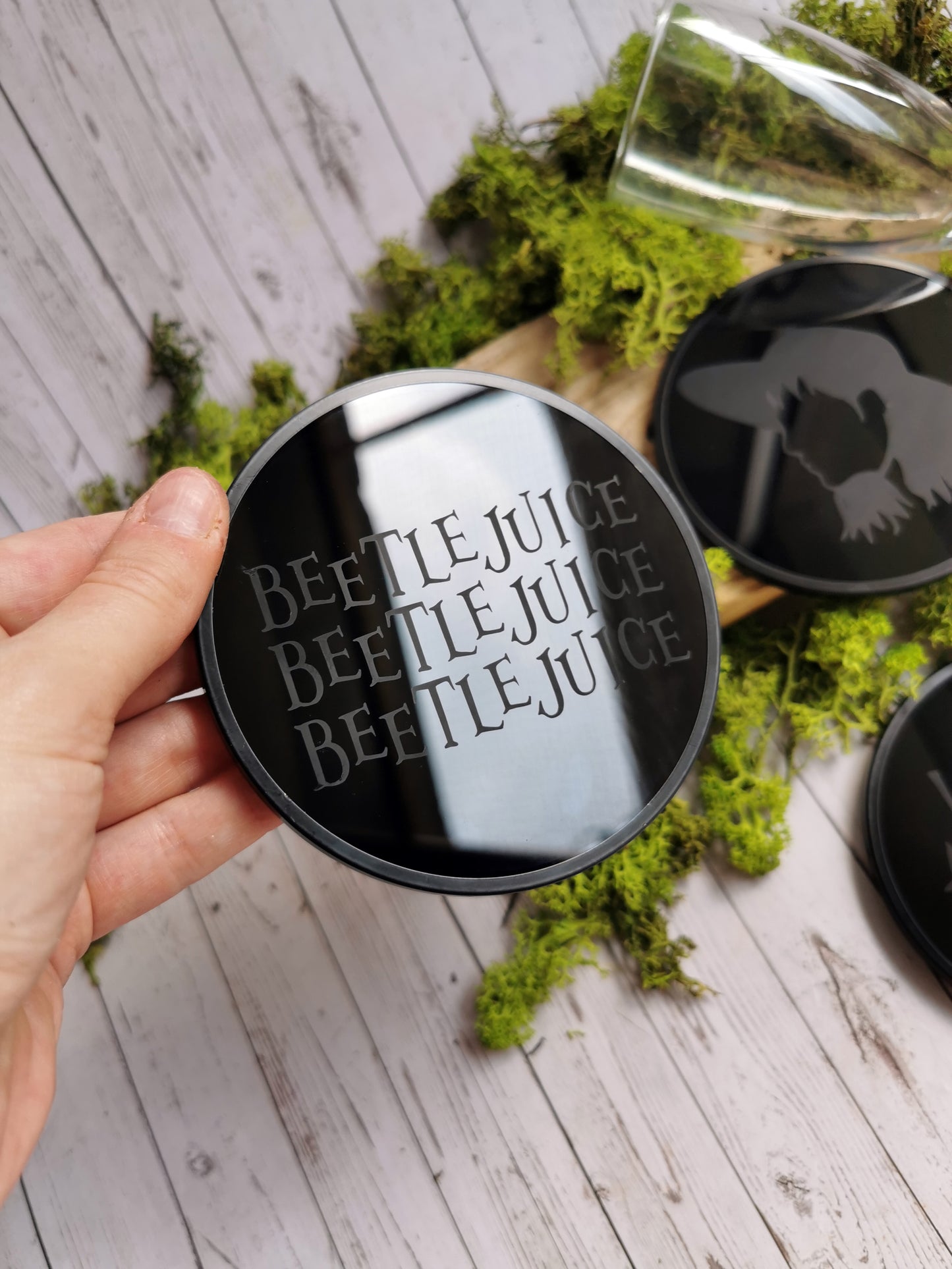 4 Black glass coasters “Beetle Juice”