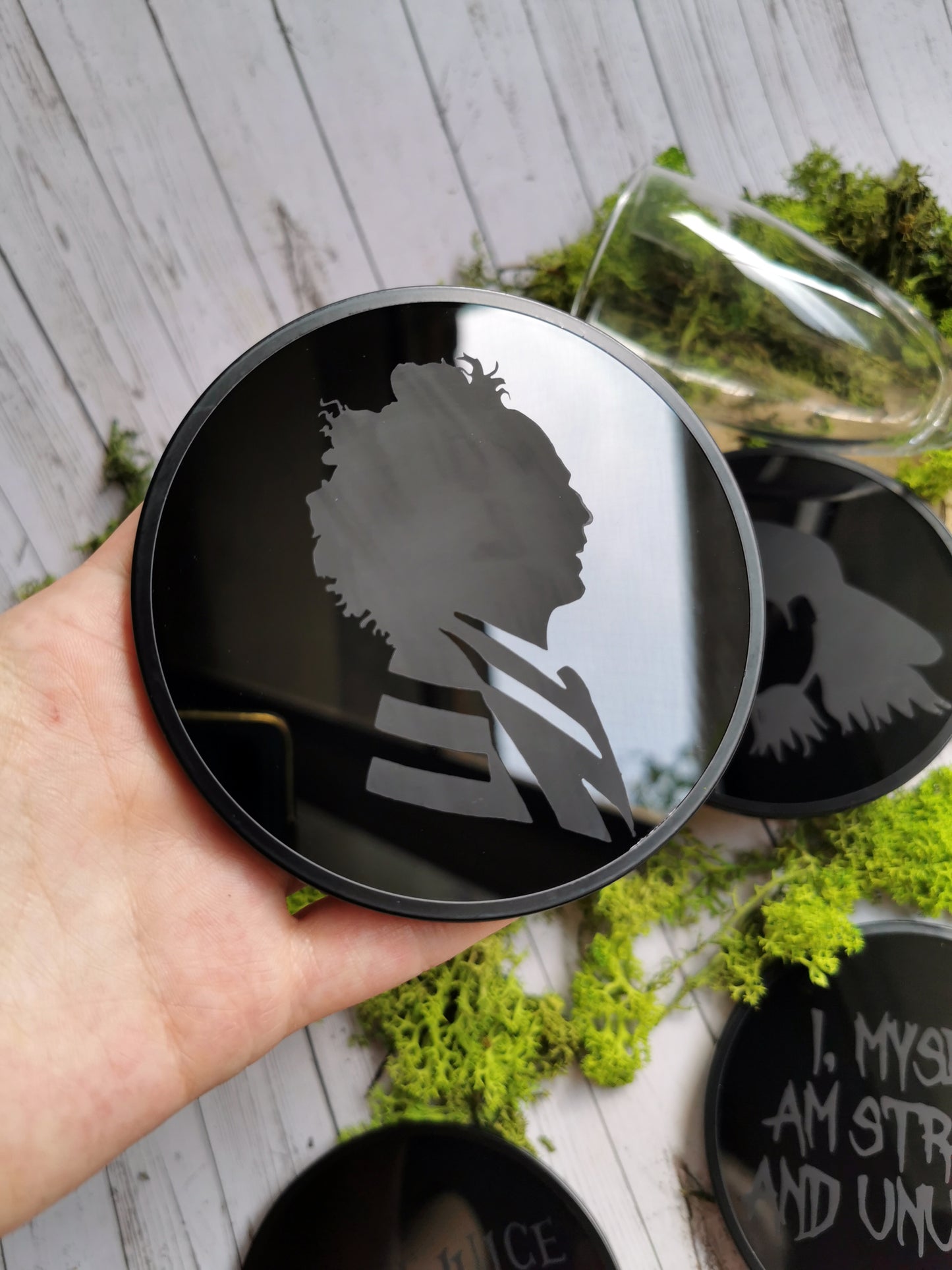 4 Black glass coasters “Beetle Juice”