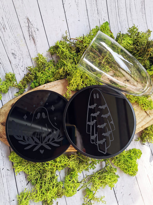 2 Black glass coasters “Ghosts”