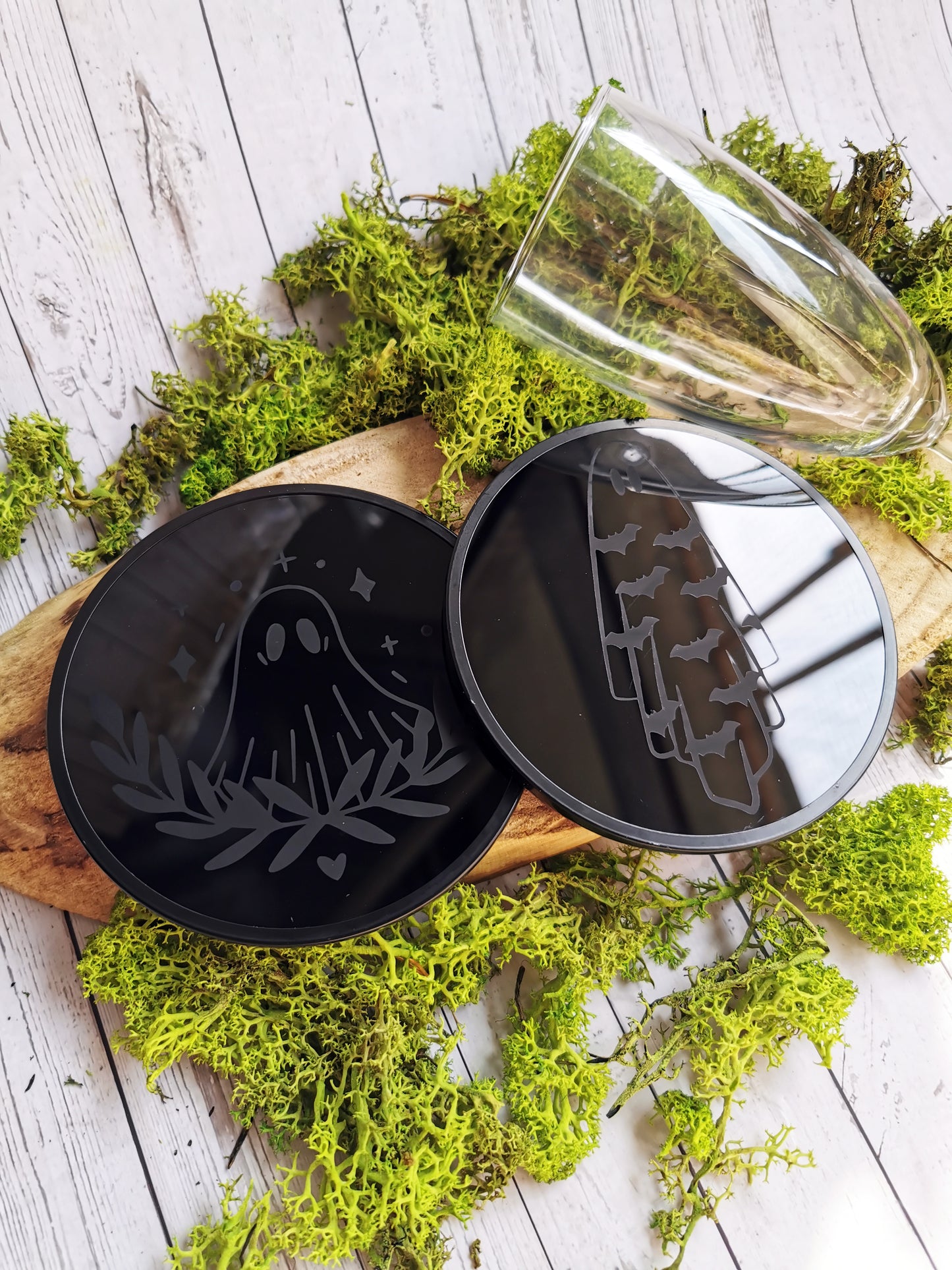 2 Black glass coasters “Ghosts”