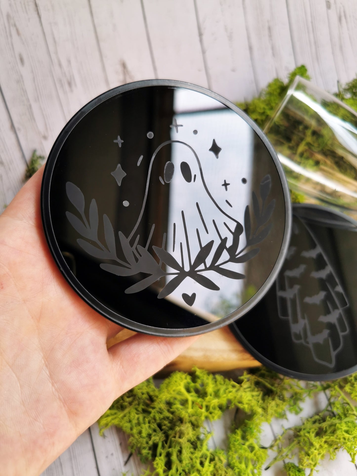 2 Black glass coasters “Ghosts”