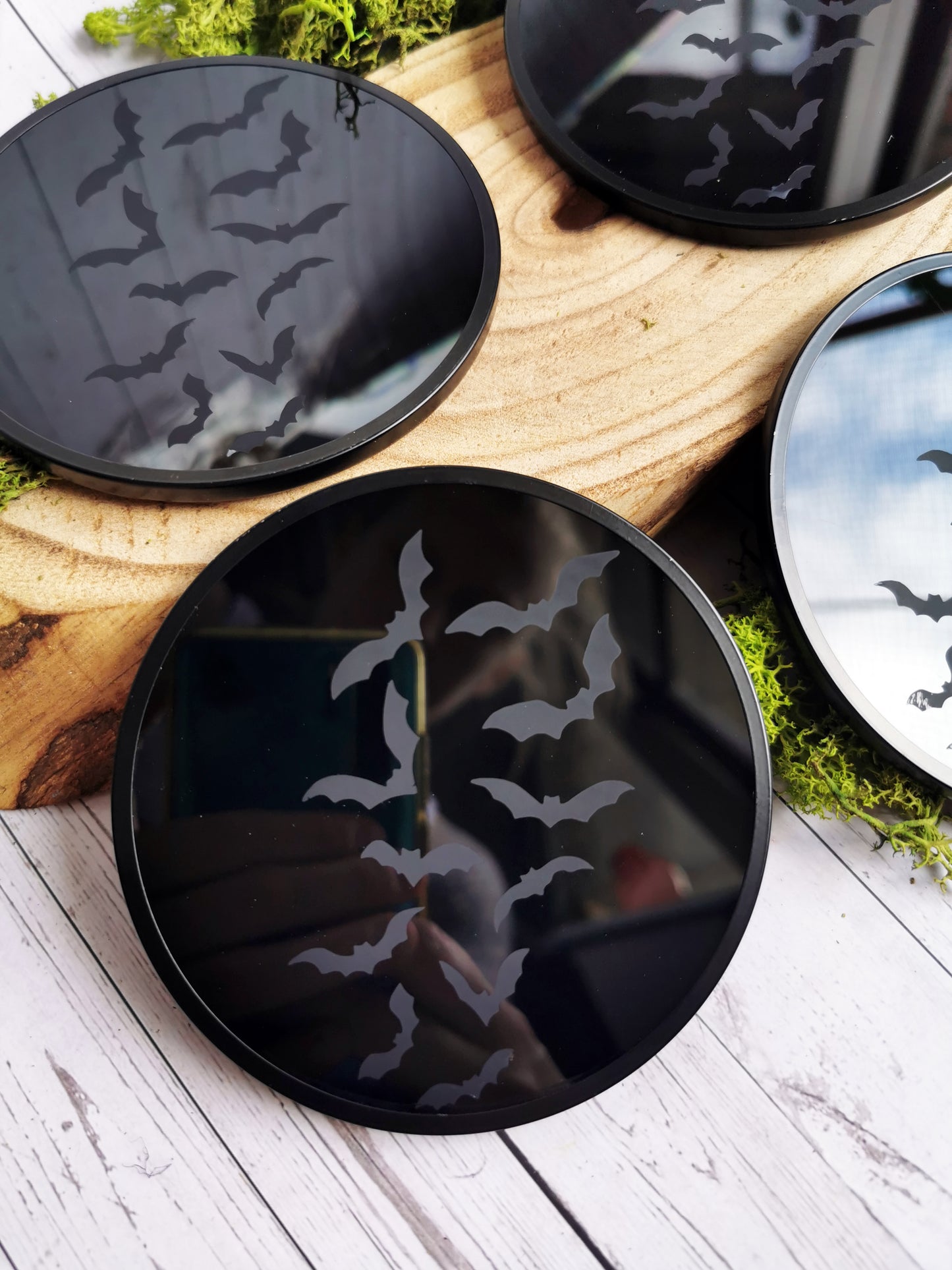 4 Black glass coasters “Bat”