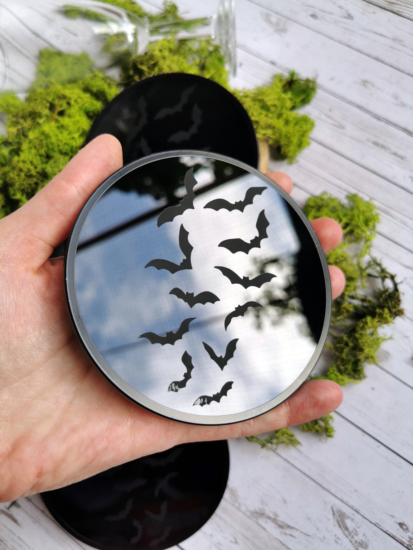 4 Black glass coasters “Bat”